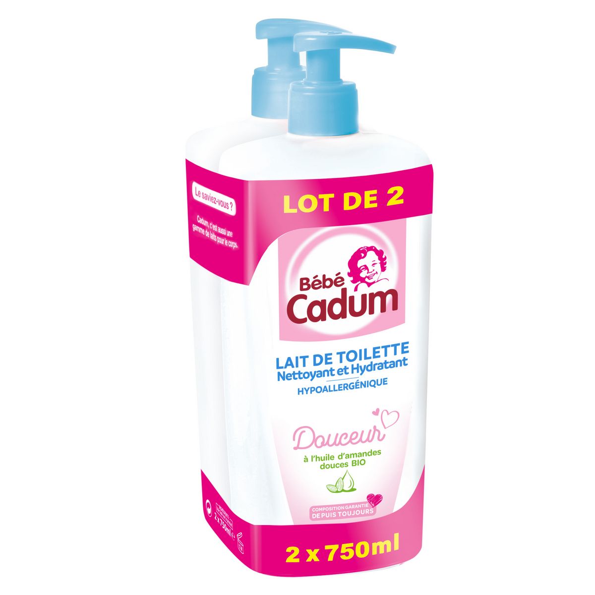 BEBE CADUM Lait de toilette nettoyant et hydratant hypoallergénique à l'huile d'amande douce bio 2x750ml