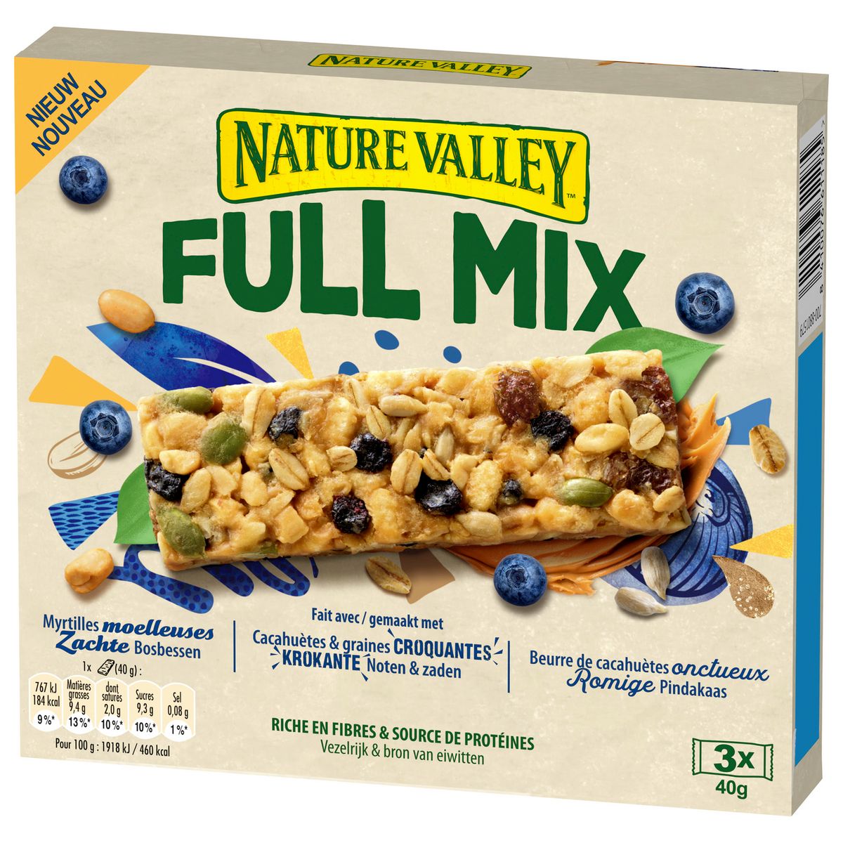 NATURE VALLEY Barres de céréales full mix myrtilles cacahuètes graines et beurre de cacahuètes 3 barres 3x40g