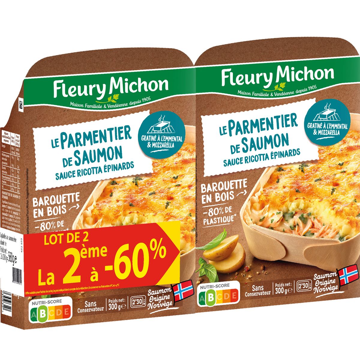 FLEURY MICHON Le parmentier de saumon ricotta épinards -60% sur le 2ème 2x300g