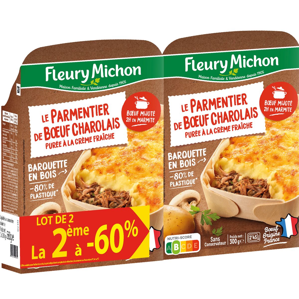 FLEURY MICHON Parmentier de bœuf charolais purée à la crème fraîche 2x300g