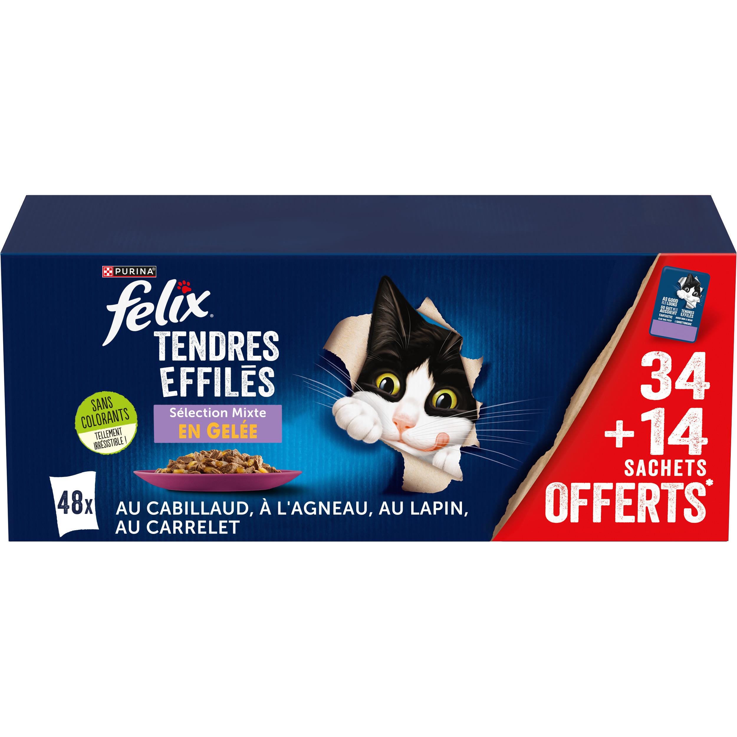 Voir la diapositive 2 : FELIX Sachets repas tendres effilés sélection mixte en gelée multivariétés pour chat 34 sachets + 14 offerts 48x85g