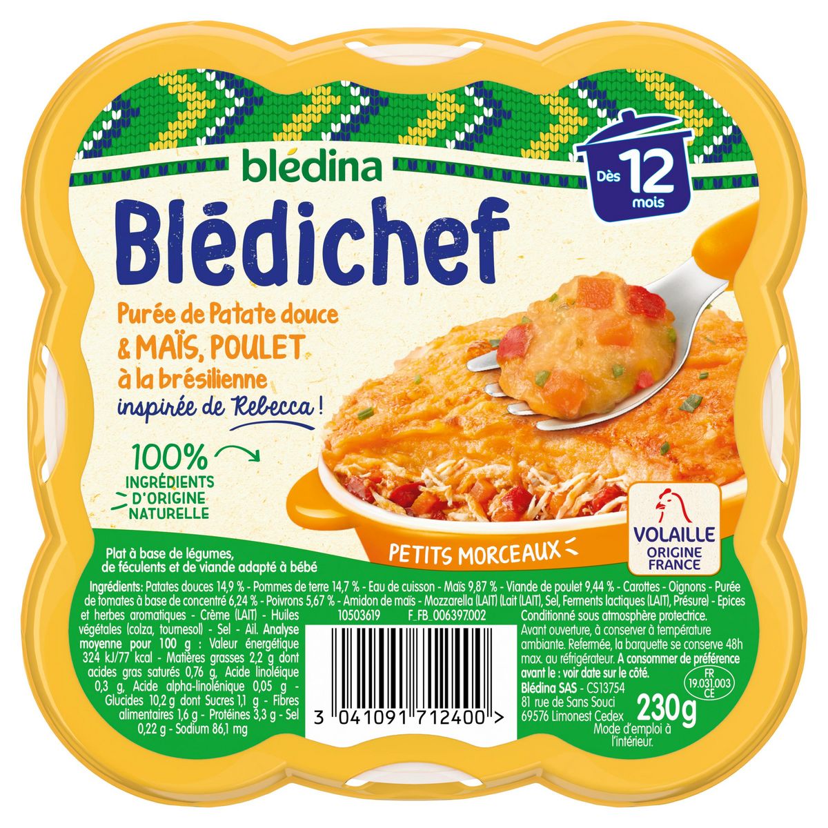 BLEDICHEF Assiette de patate douce maïs poulet à la brésilienne dès 12 mois 230g