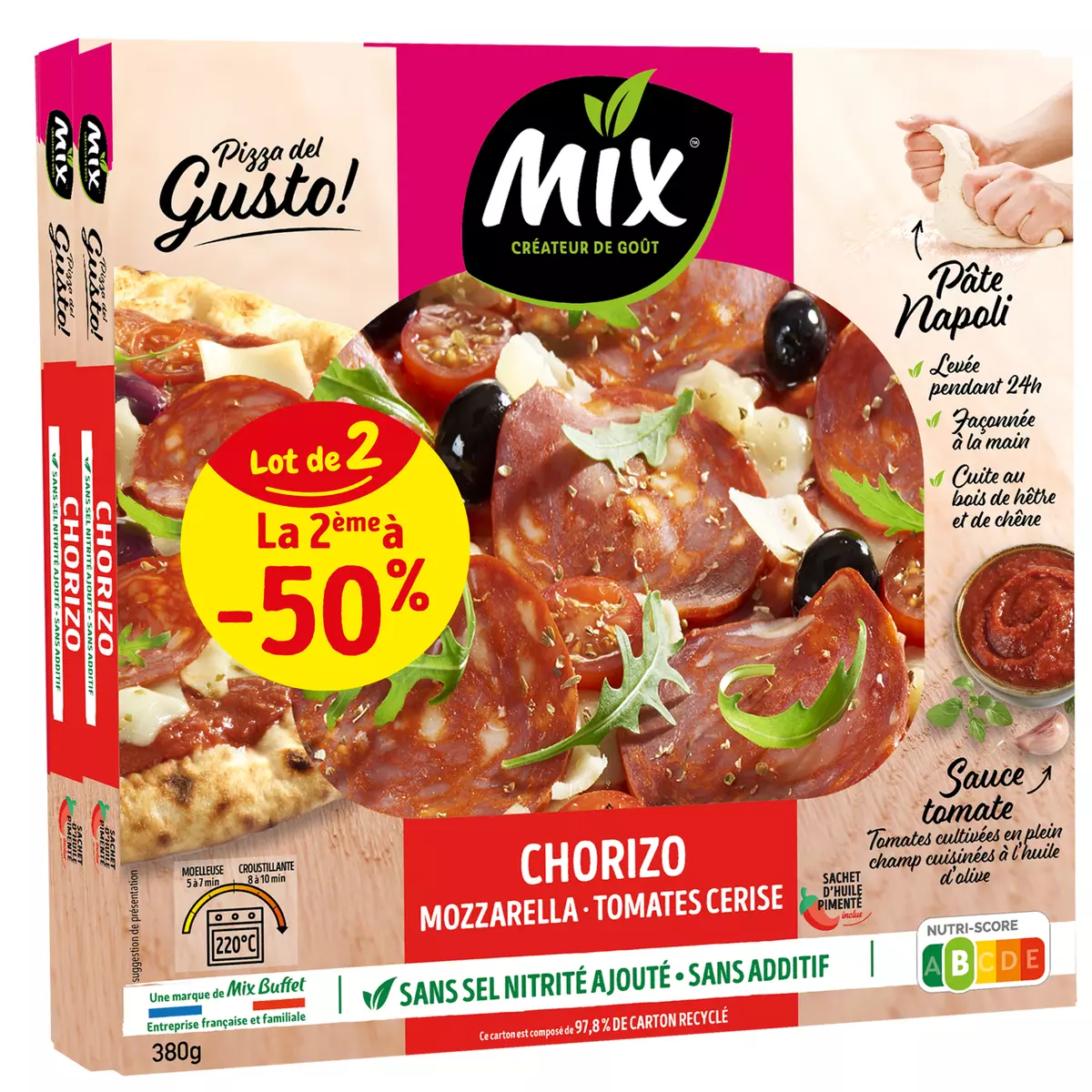 MIX BUFFET Del Gusto Pizza chorizo mozzarella et tomates cerise Lot de 2 760g
