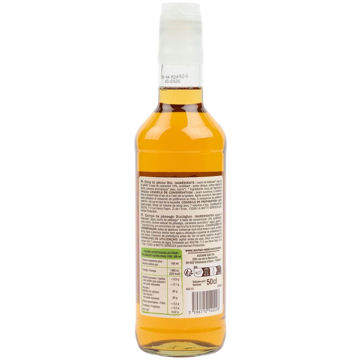 AUCHAN BIO Sirop de pêche 50cl