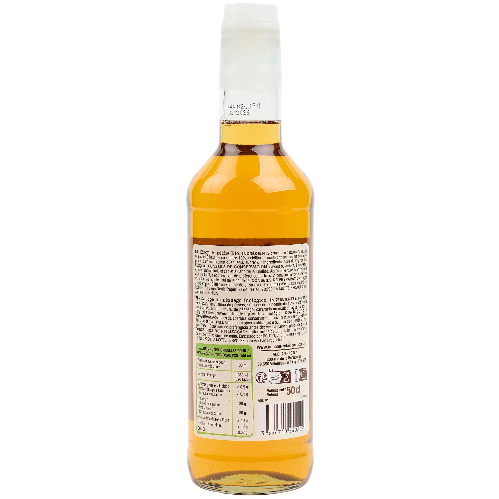 Voir la diapositive 2 : AUCHAN BIO Sirop de pêche 50cl