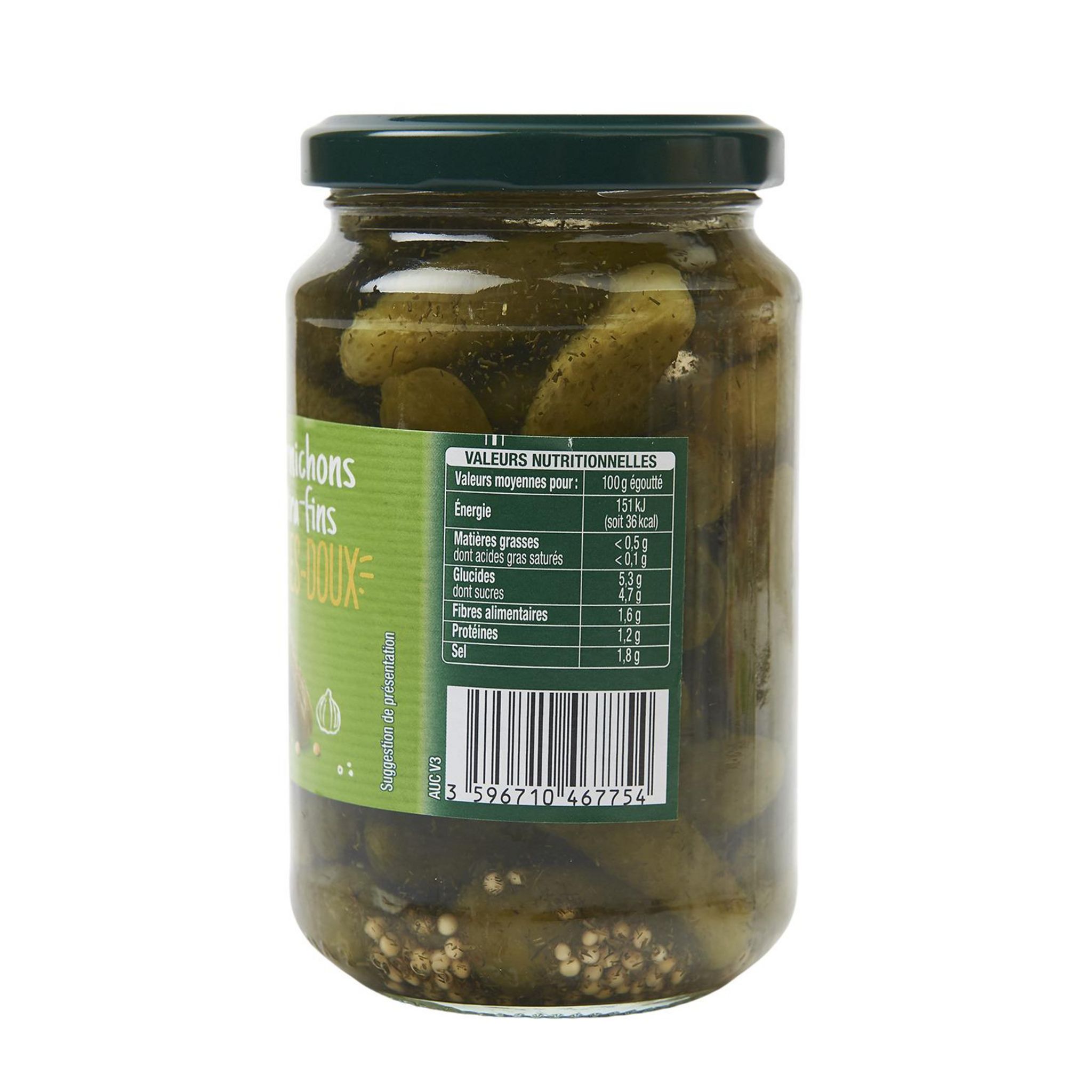 Voir la diapositive 2 : AUCHAN Cornichons extra fins aigres doux 185g