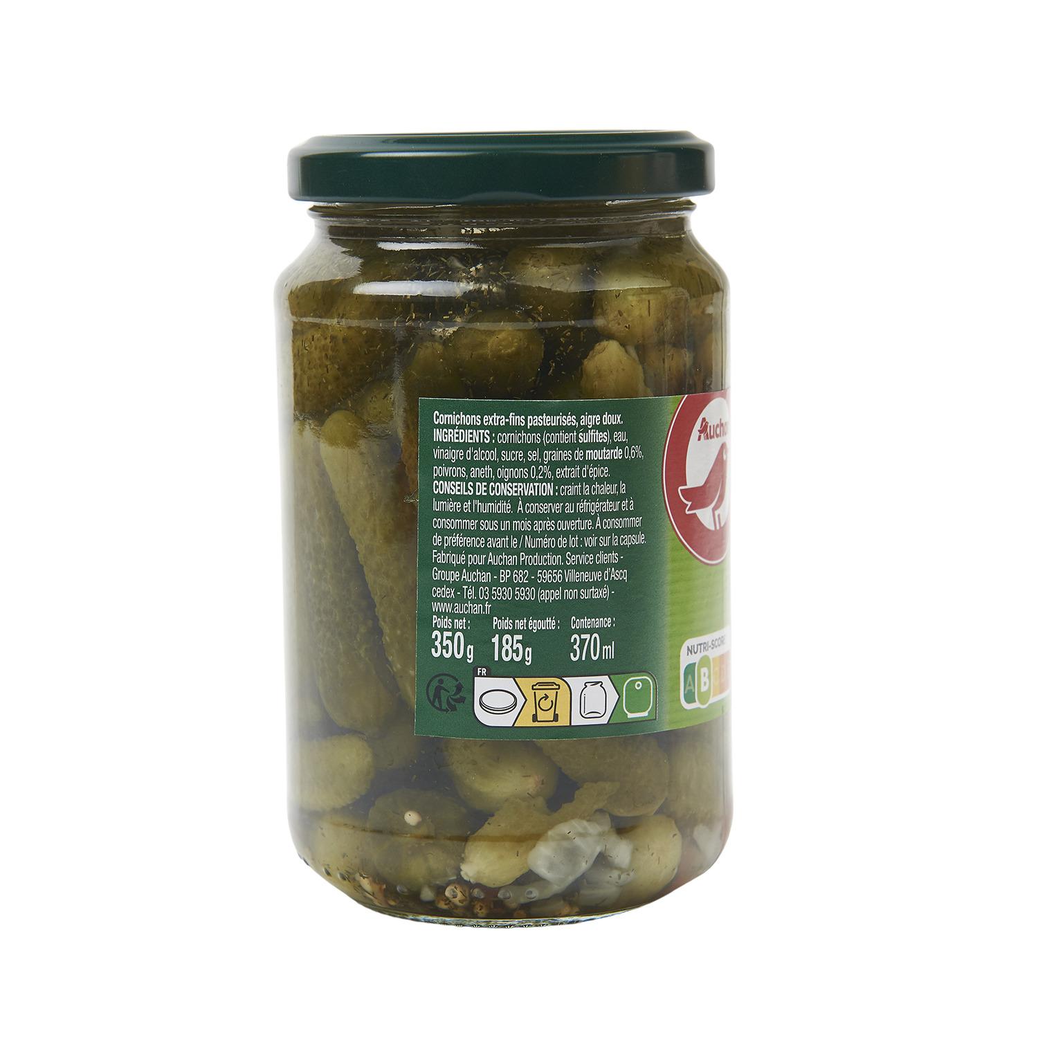 Voir la diapositive 4 : AUCHAN Cornichons extra fins aigres doux 185g