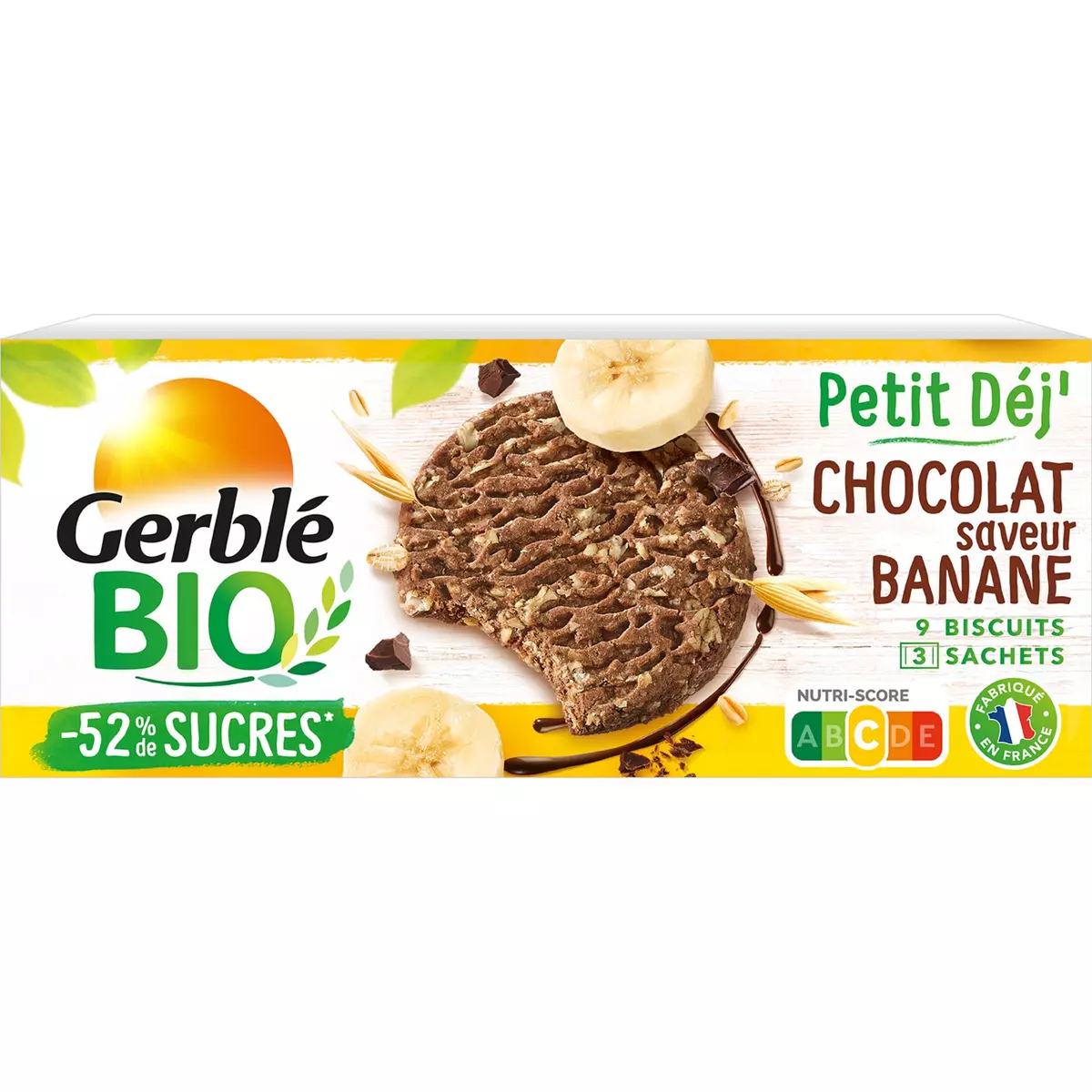 GERBLE BIO Petit déj' biscuits au chocolat saveur banane à l'épeautre 3x3 biscuits 132g