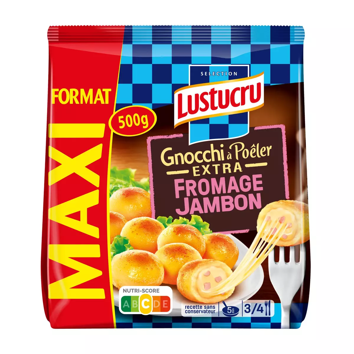 LUSTUCRU Gnocchi à poêler extra jambon fromage format Maxi 3-4 portions 500g