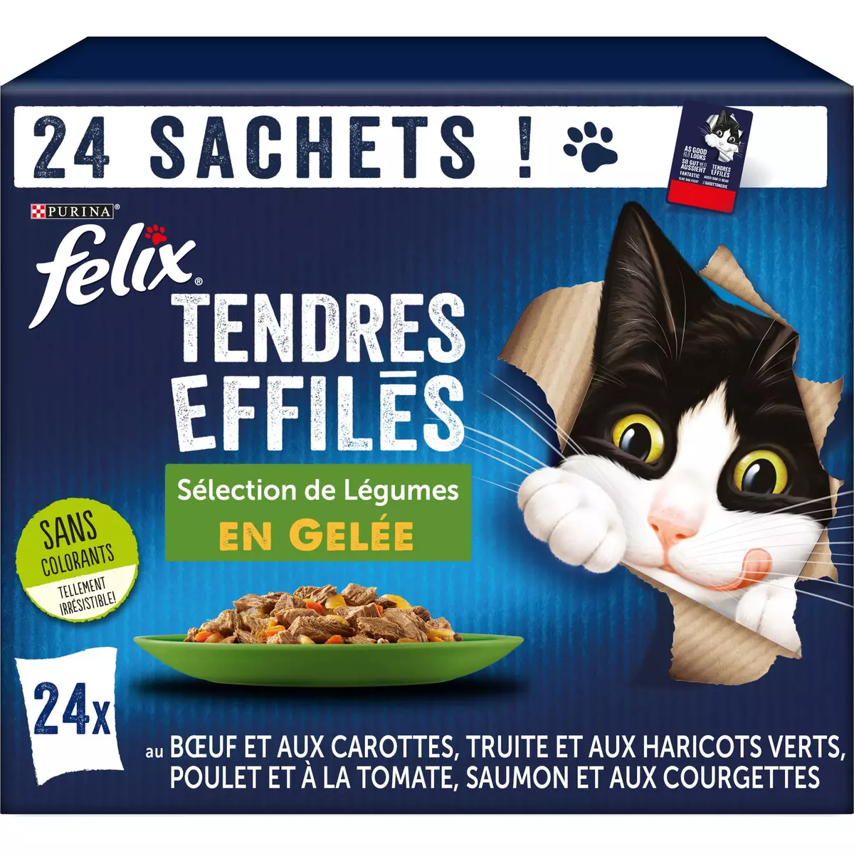FELIX Sachets repas tendres effilés viandes et poissons sélection de légumes en gelée pour chat 24 sachets 24x85g