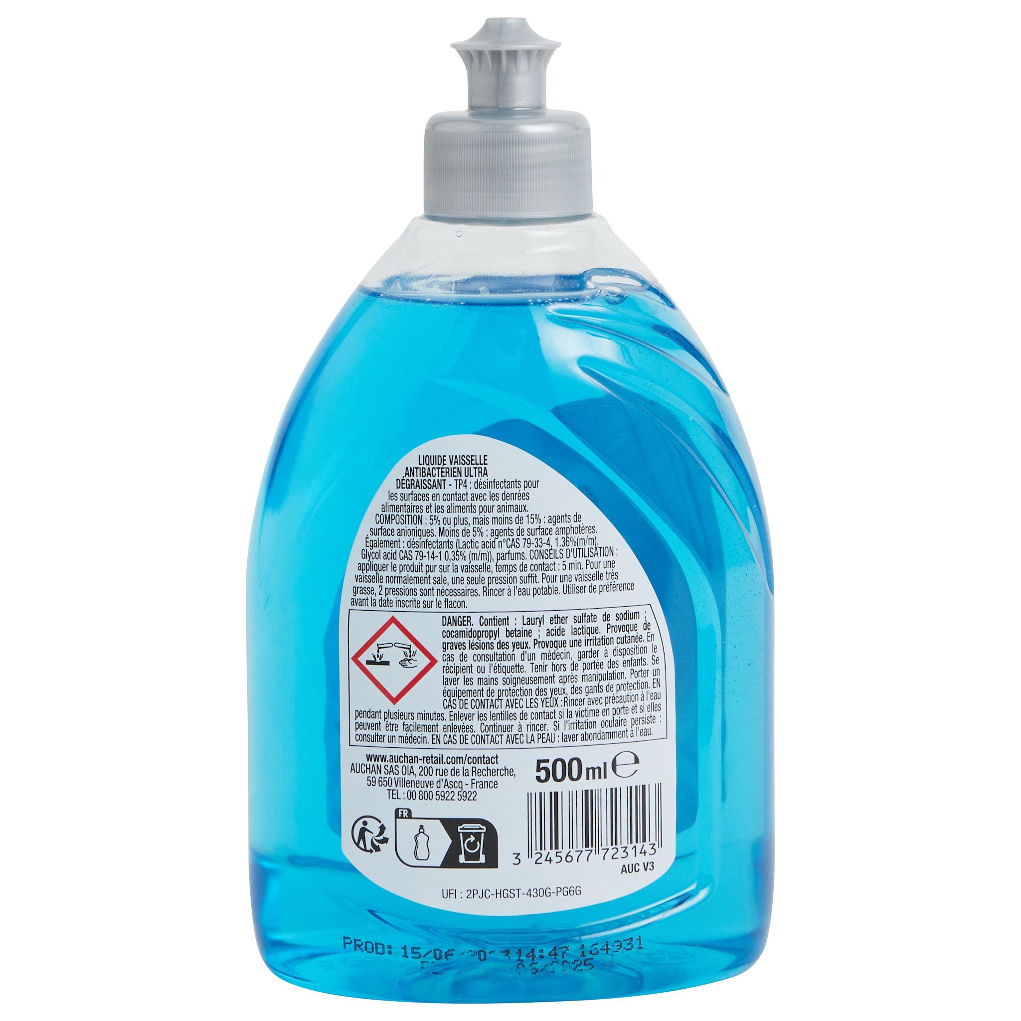 Voir la diapositive 2 : AUCHAN Liquide vaisselle anti-bactérien 500ml