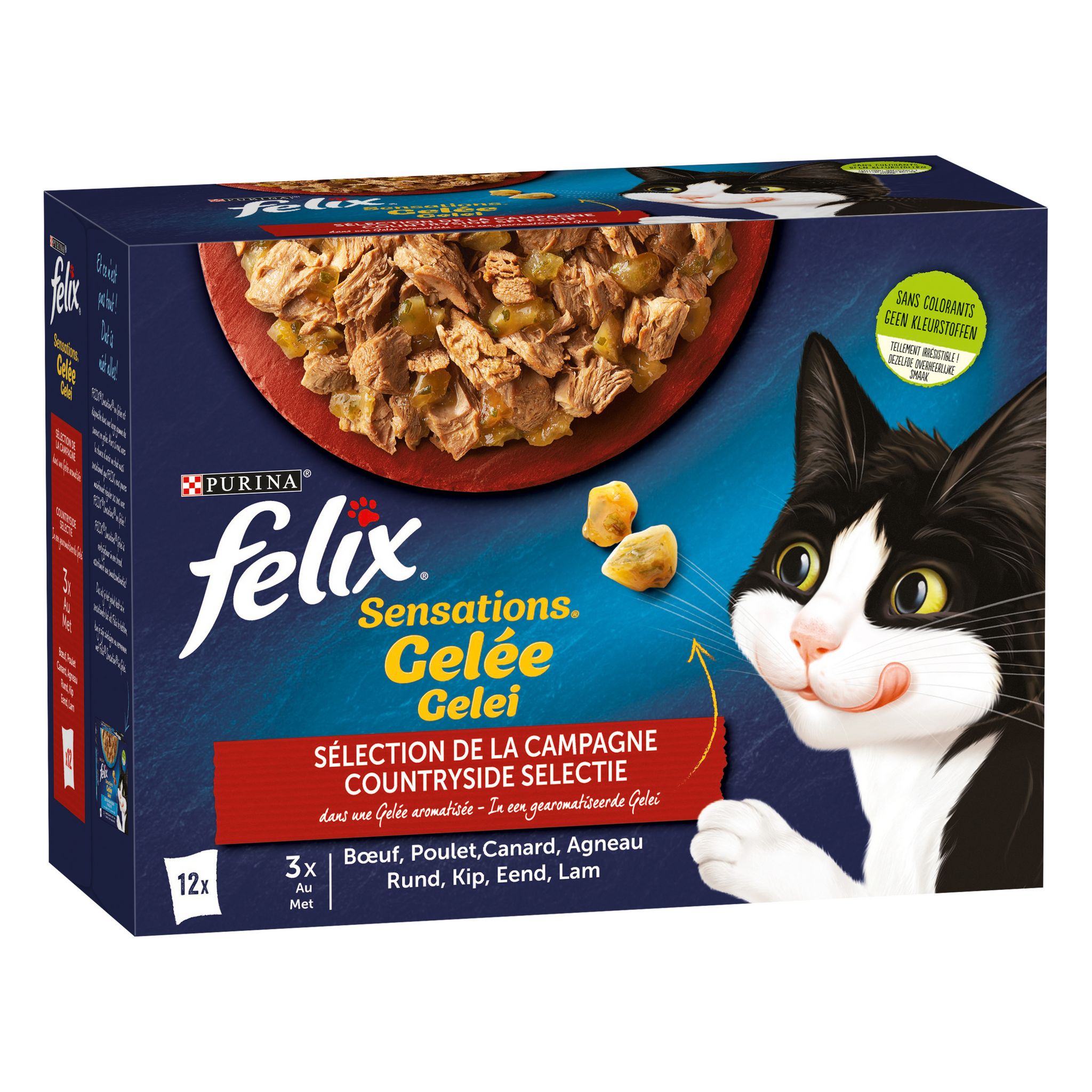 Voir la diapositive 2 : FELIX Sachets repas saveur viande Sensations gelée sélection de la campagne pour chat adulte 12 sachets 12x85g