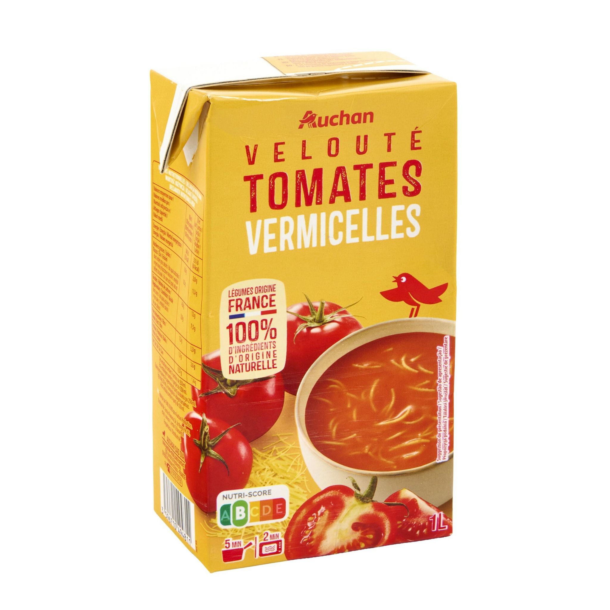 Voir la diapositive 2 : AUCHAN Soupe veloutée tomates vermicelles 4 personnes 1l