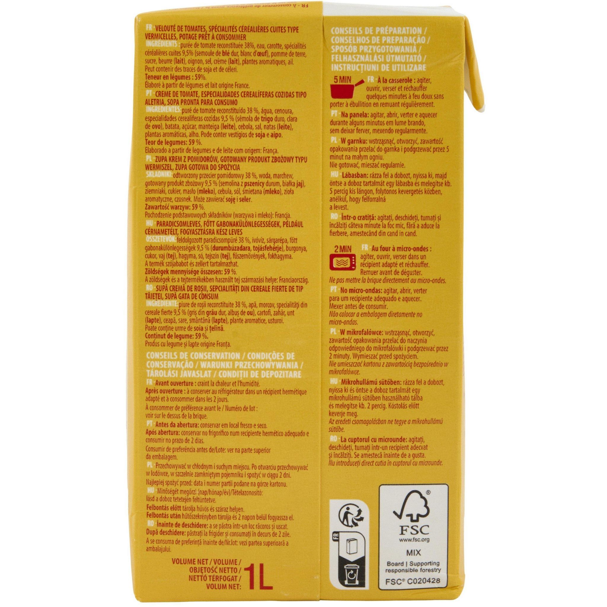 Voir la diapositive 4 : AUCHAN Soupe veloutée tomates vermicelles 4 personnes 1l