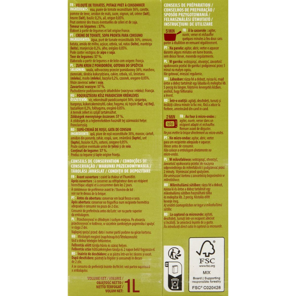 AUCHAN Soupe veloutée de tomate 4 personnes 1l