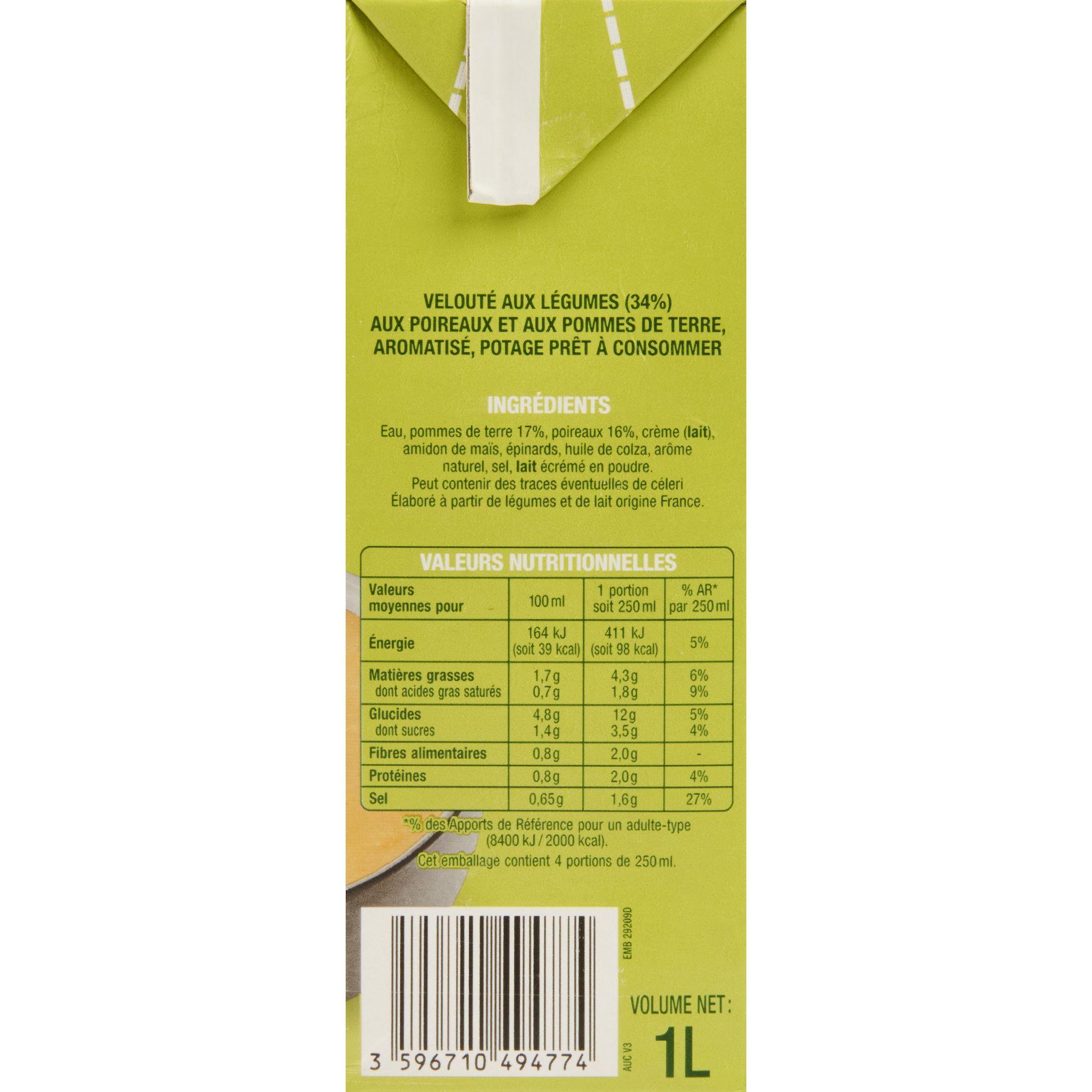 Voir la diapositive 2 : AUCHAN Soupe velouté de poireaux et de pommes de terre 4 personnes 1l