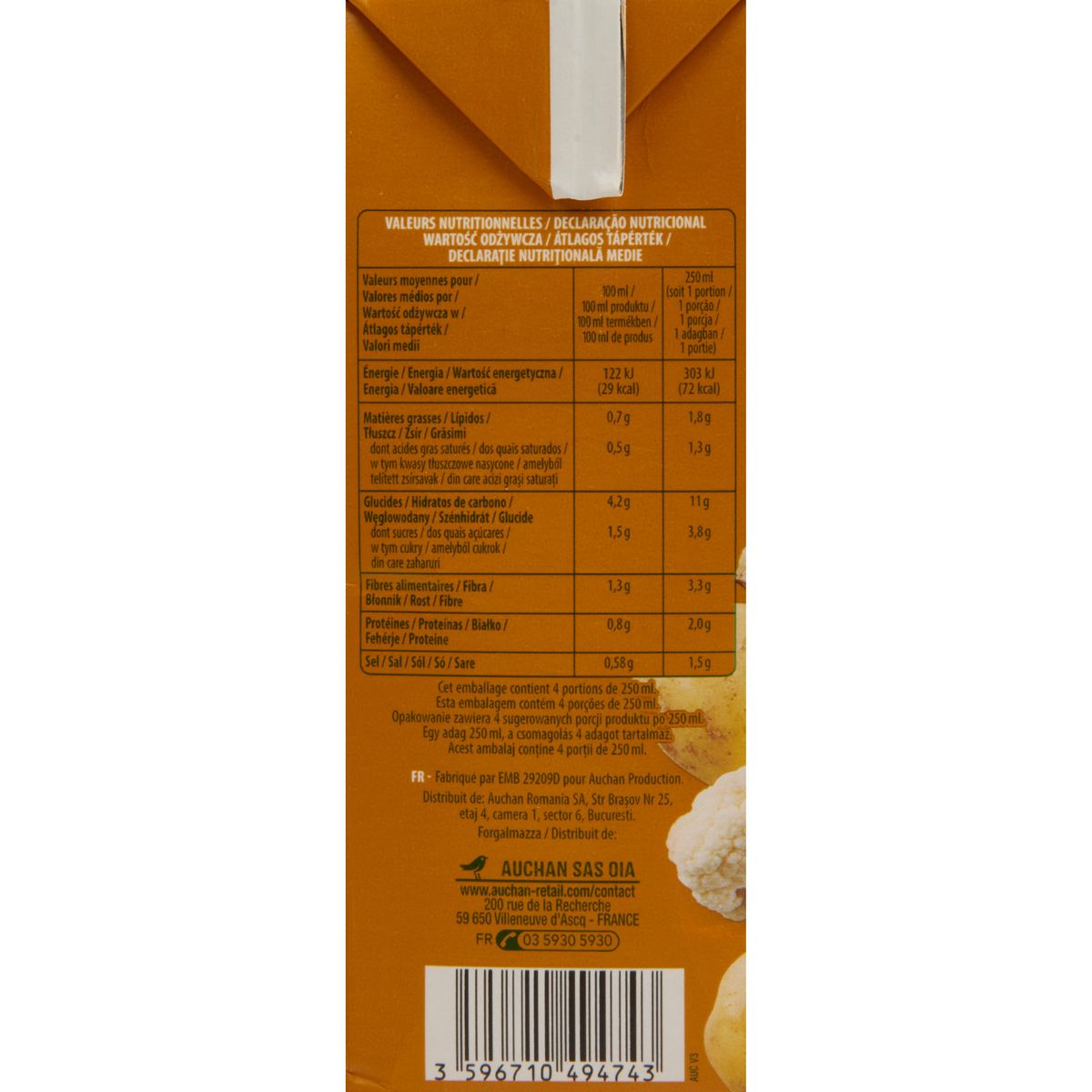 AUCHAN Soupe moulinée de légumes 4 personnes 1l