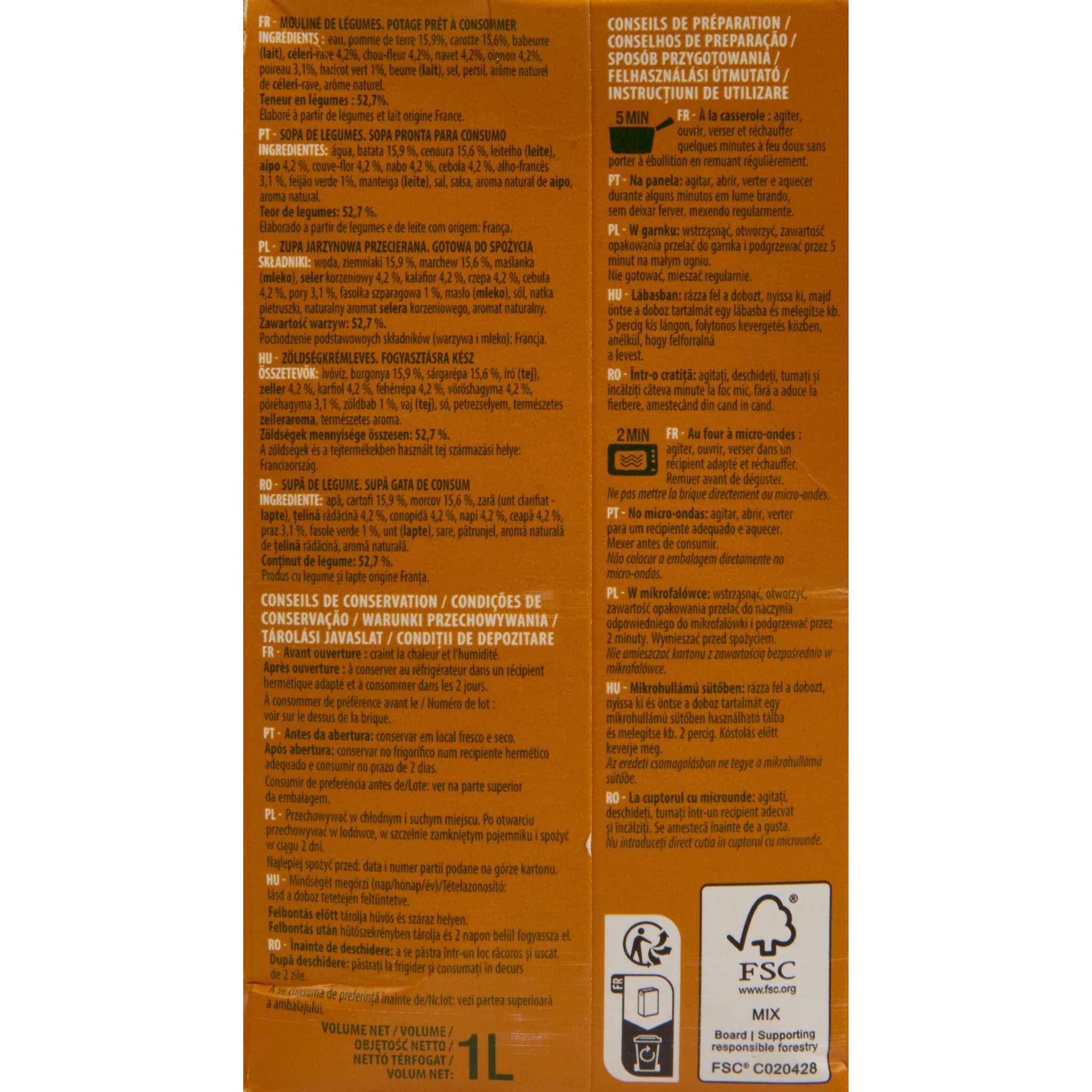 Voir la diapositive 3 : AUCHAN Soupe moulinée de légumes 4 personnes 1l