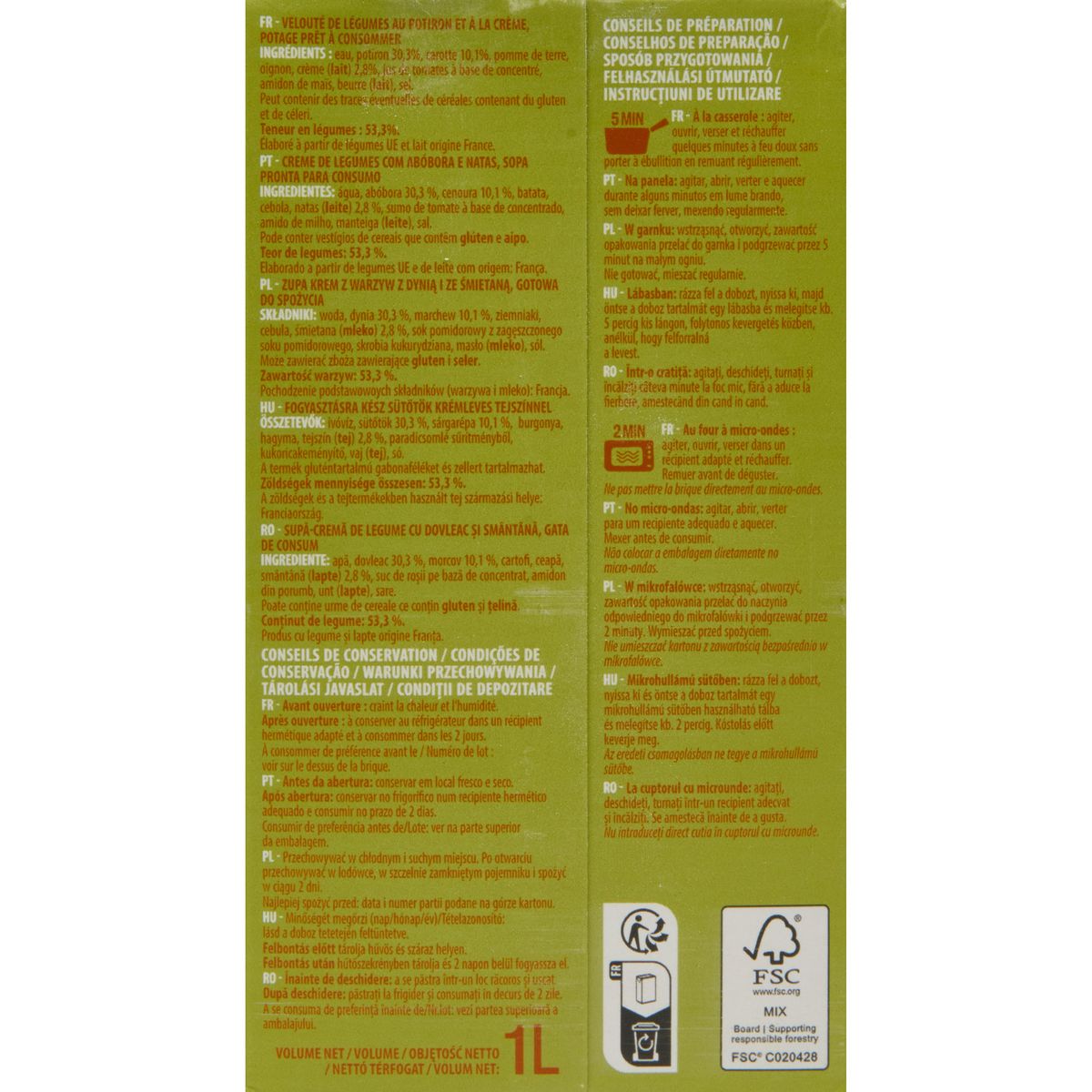 AUCHAN Soupe veloutée de potiron avec une pointe de crème 4 personnes 1l