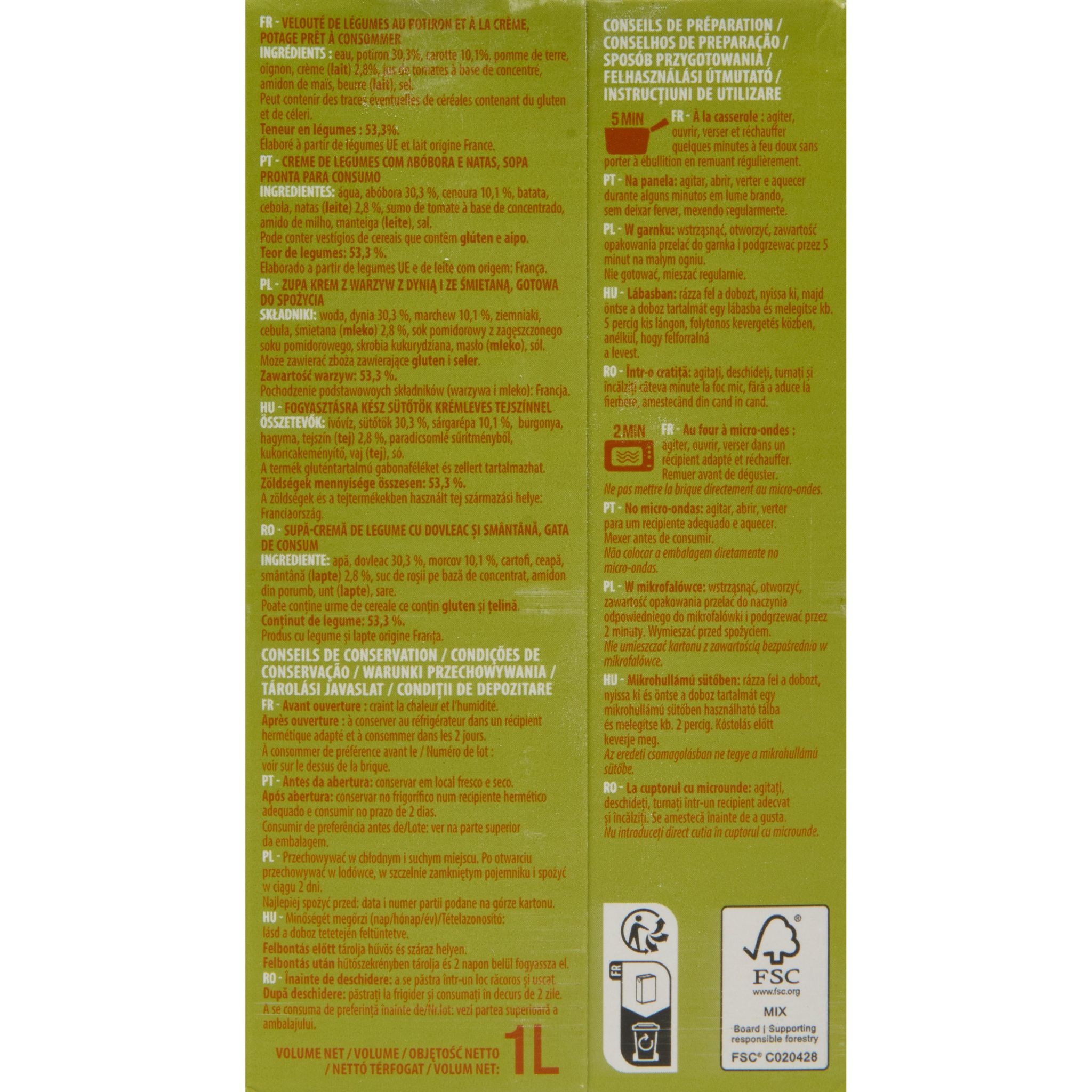 Voir la diapositive 2 : AUCHAN Soupe veloutée de potiron avec une pointe de crème 4 personnes 1l