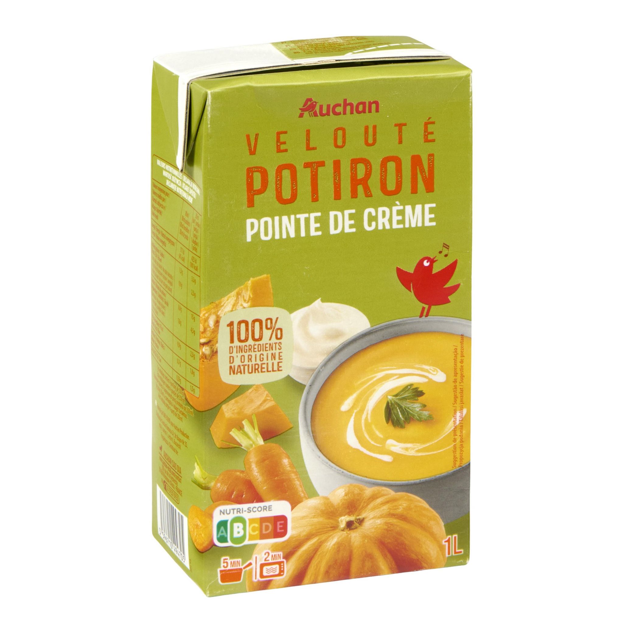 Voir la diapositive 4 : AUCHAN Soupe veloutée de potiron avec une pointe de crème 4 personnes 1l