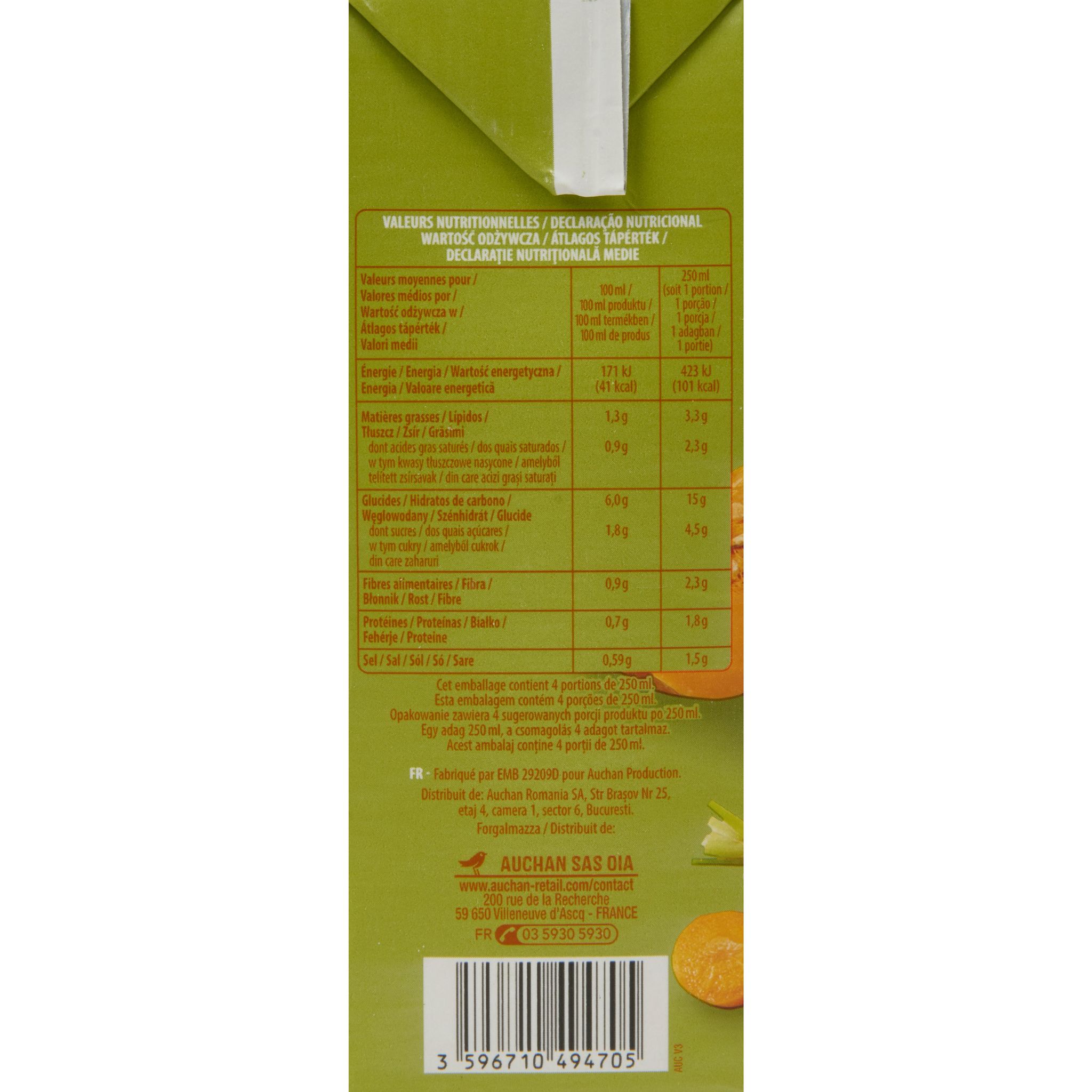 Voir la diapositive 3 : AUCHAN Soupe veloutée de potiron avec une pointe de crème 4 personnes 1l