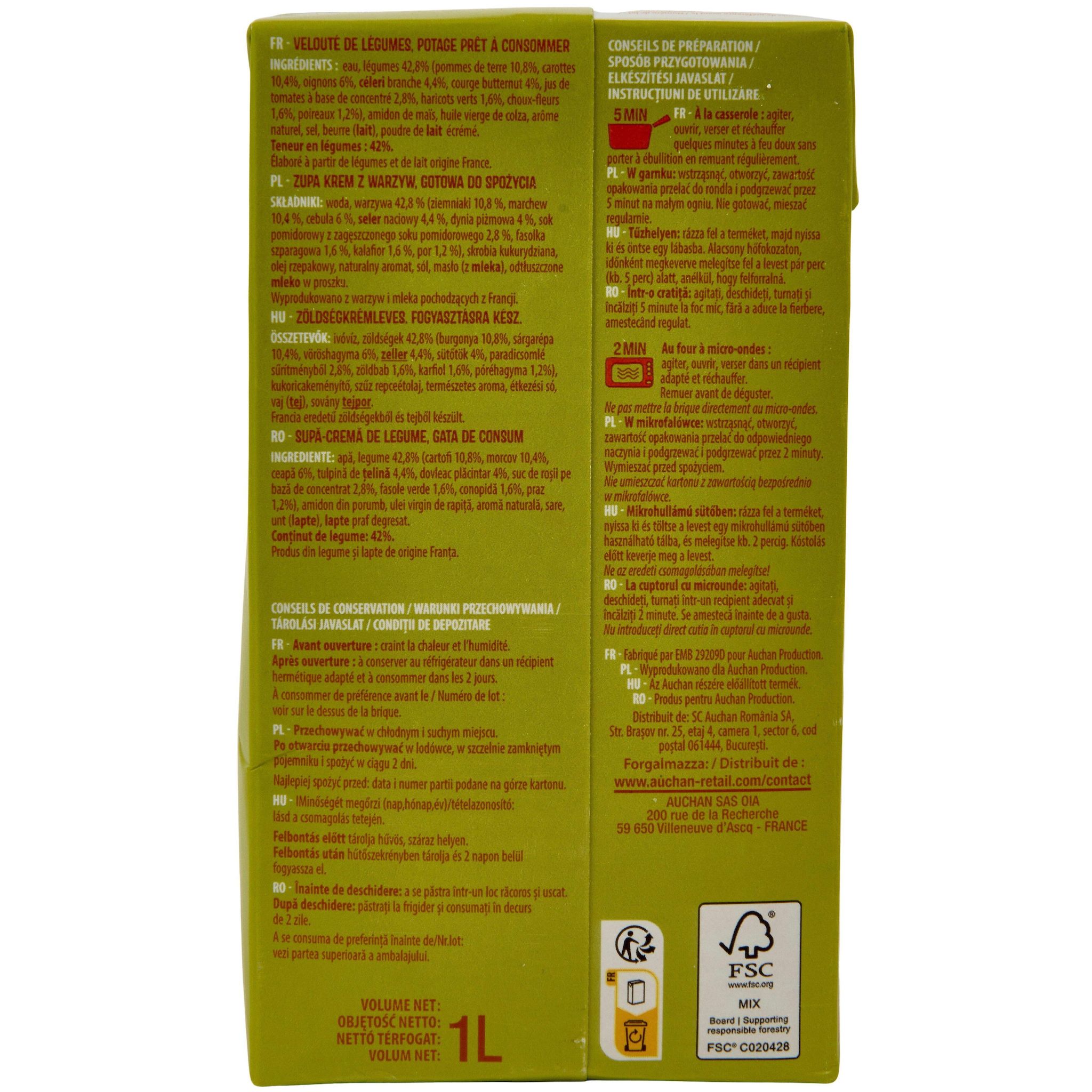 Voir la diapositive 2 : AUCHAN Soupe veloutée de légumes 4 personnes 1l