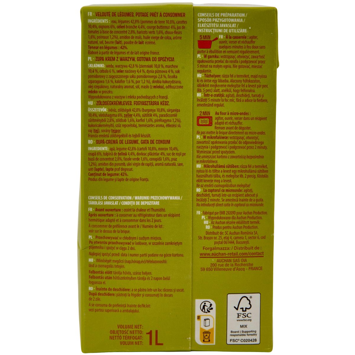 AUCHAN Soupe veloutée de légumes 4 personnes 1l