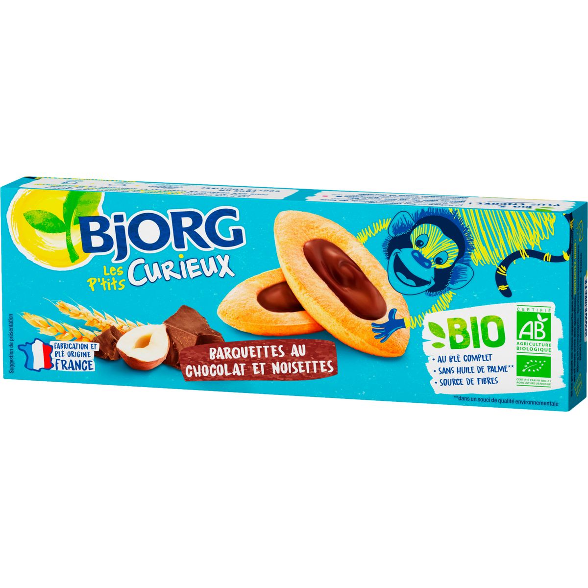 BJORG Les p'tits curieux biscuits bio barquette au chocolat et noisettes 120g