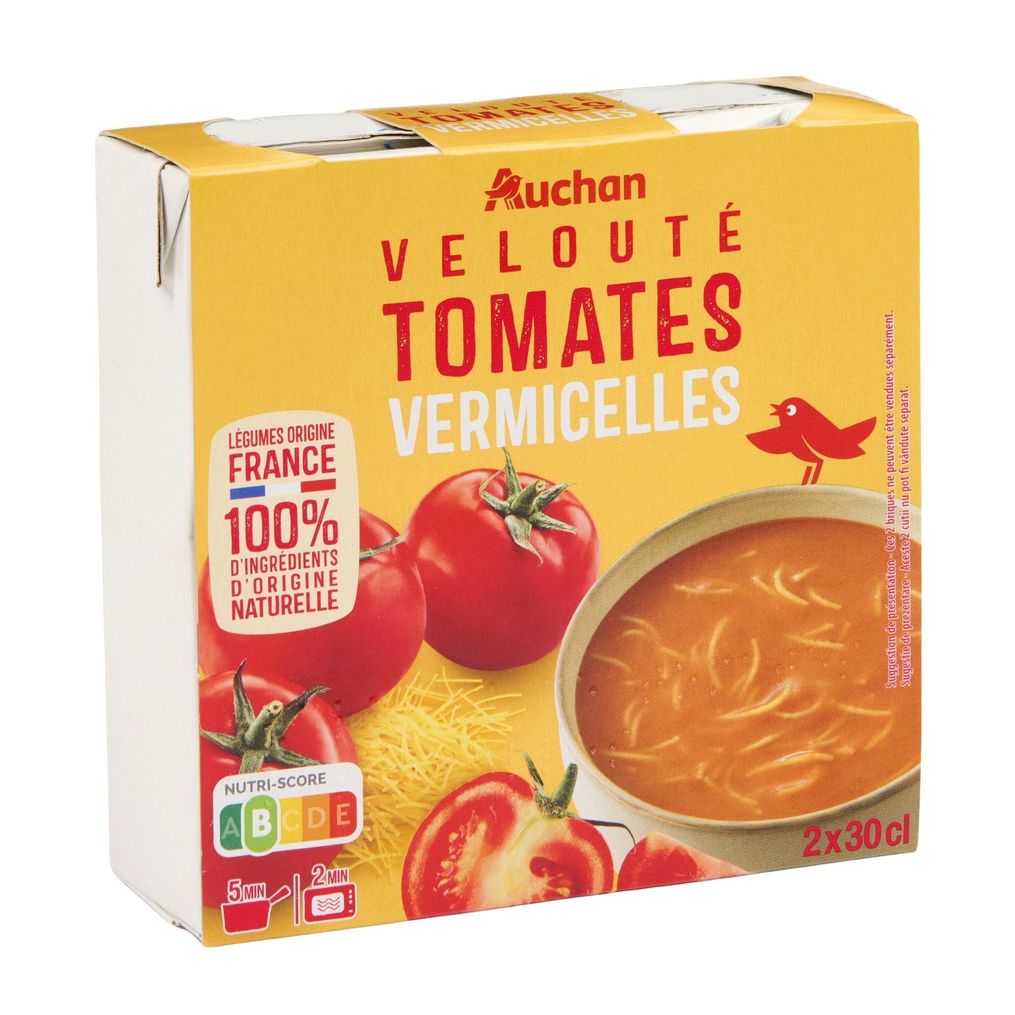 Voir la diapositive 3 : AUCHAN Soupe veloutée tomates vermicelles 2 personnes 2x30cl