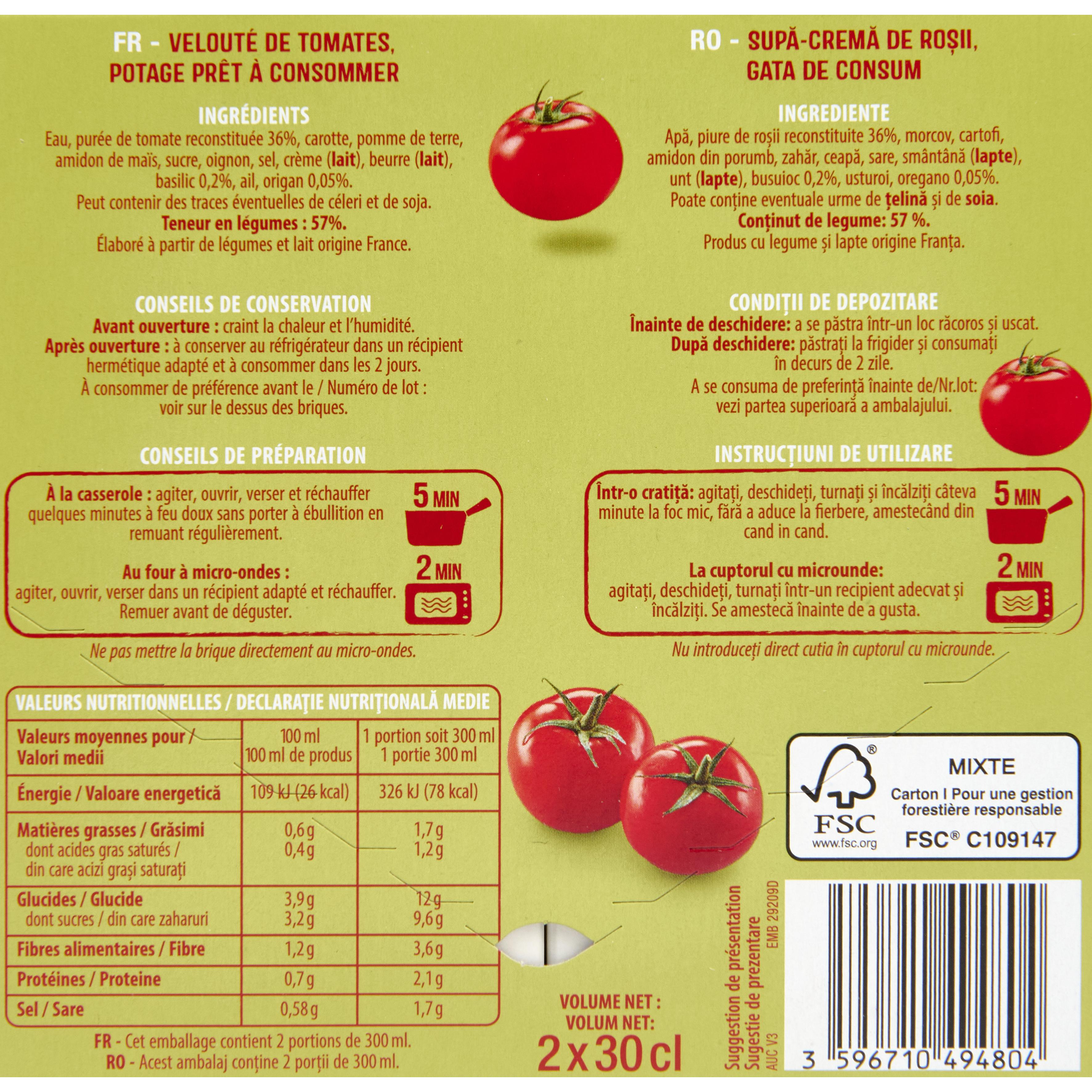 Voir la diapositive 2 : AUCHAN Soupe veloutée de tomate 2 personnes 2x30cl