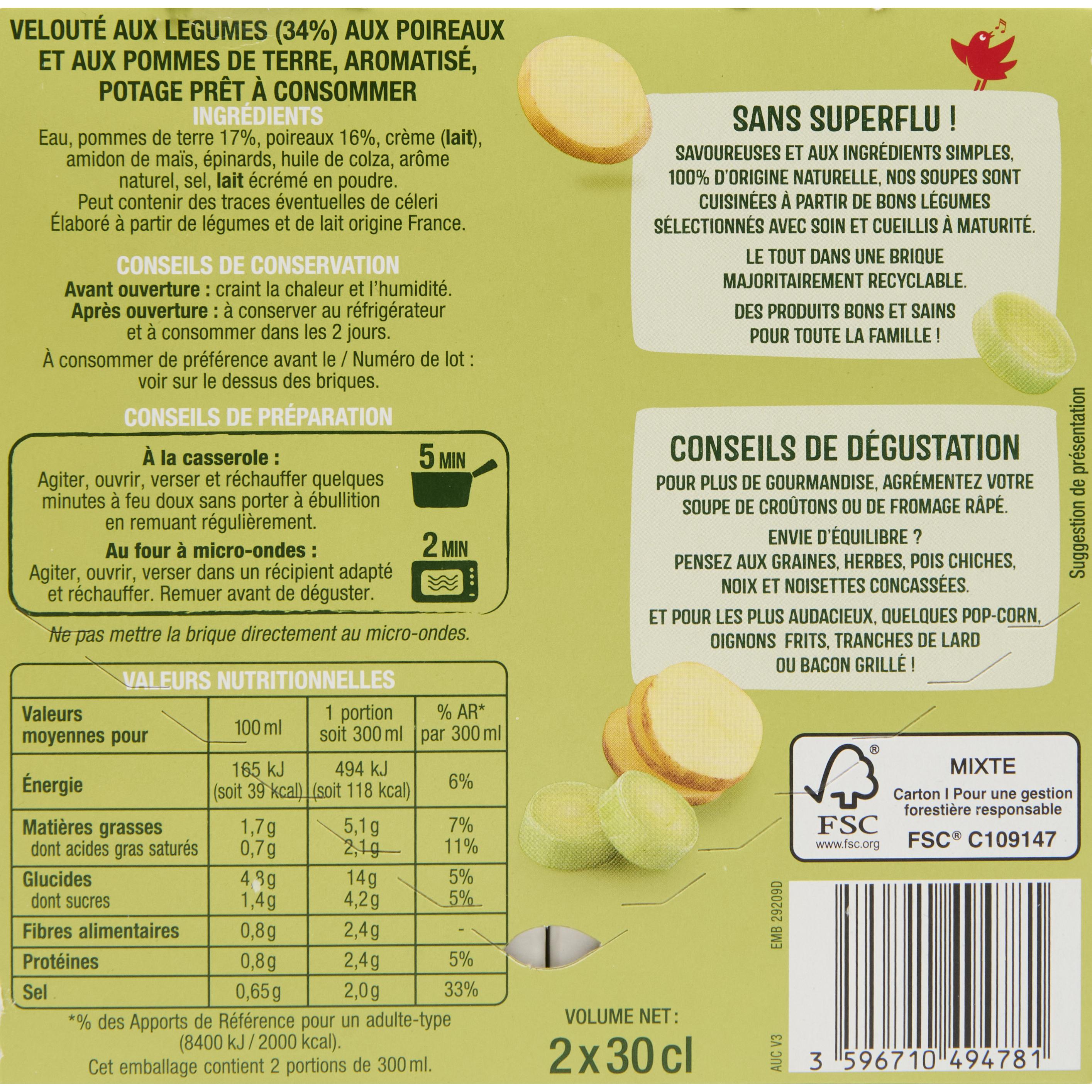 Voir la diapositive 2 : AUCHAN Soupe veloutée poireaux pommes de terre 2 personnes 2x30cl