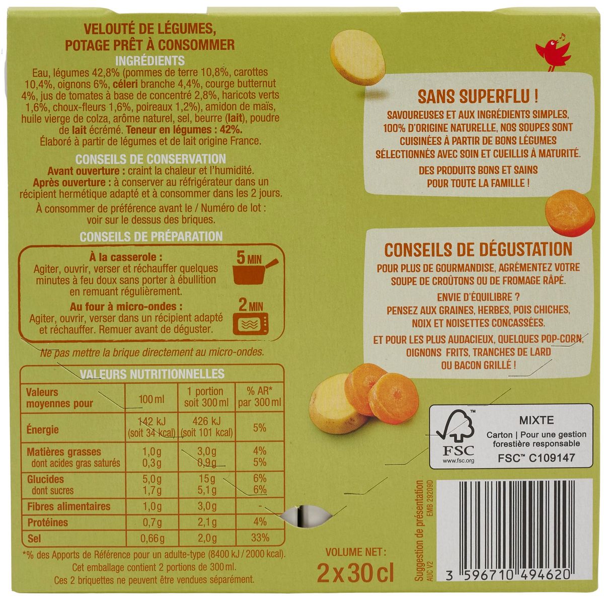 AUCHAN Soupe veloutée de légumes 2 personnes 2x30cl