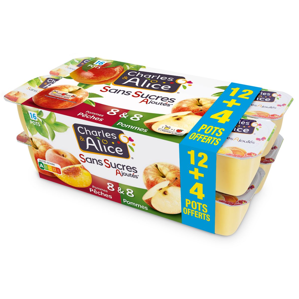 CHARLES & ALICE Spécialité pommes pommes pêches sans sucres ajoutés 12+4 offerts 16x100g