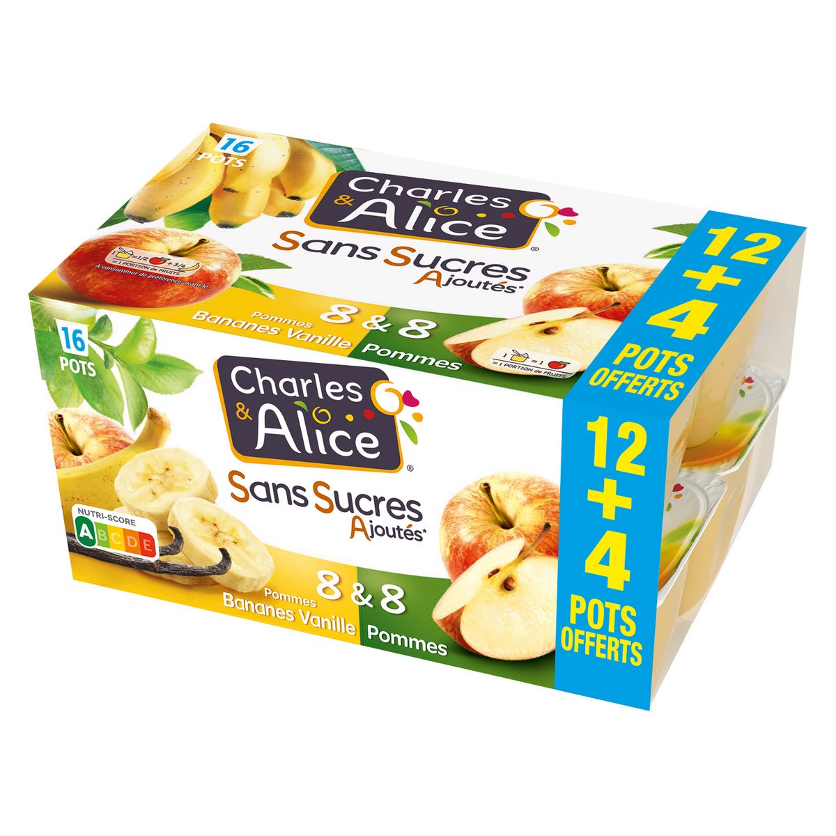 CHARLES & ALICE Spécialité pommes pommes banane vanille sans sucres ajoutés 12+4 offerts 16x100g
