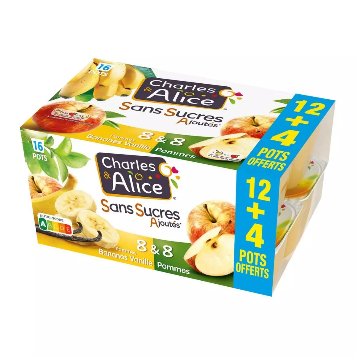 CHARLES & ALICE Spécialité pommes pommes banane vanille sans sucres ajoutés 12+4 offerts 16x100g