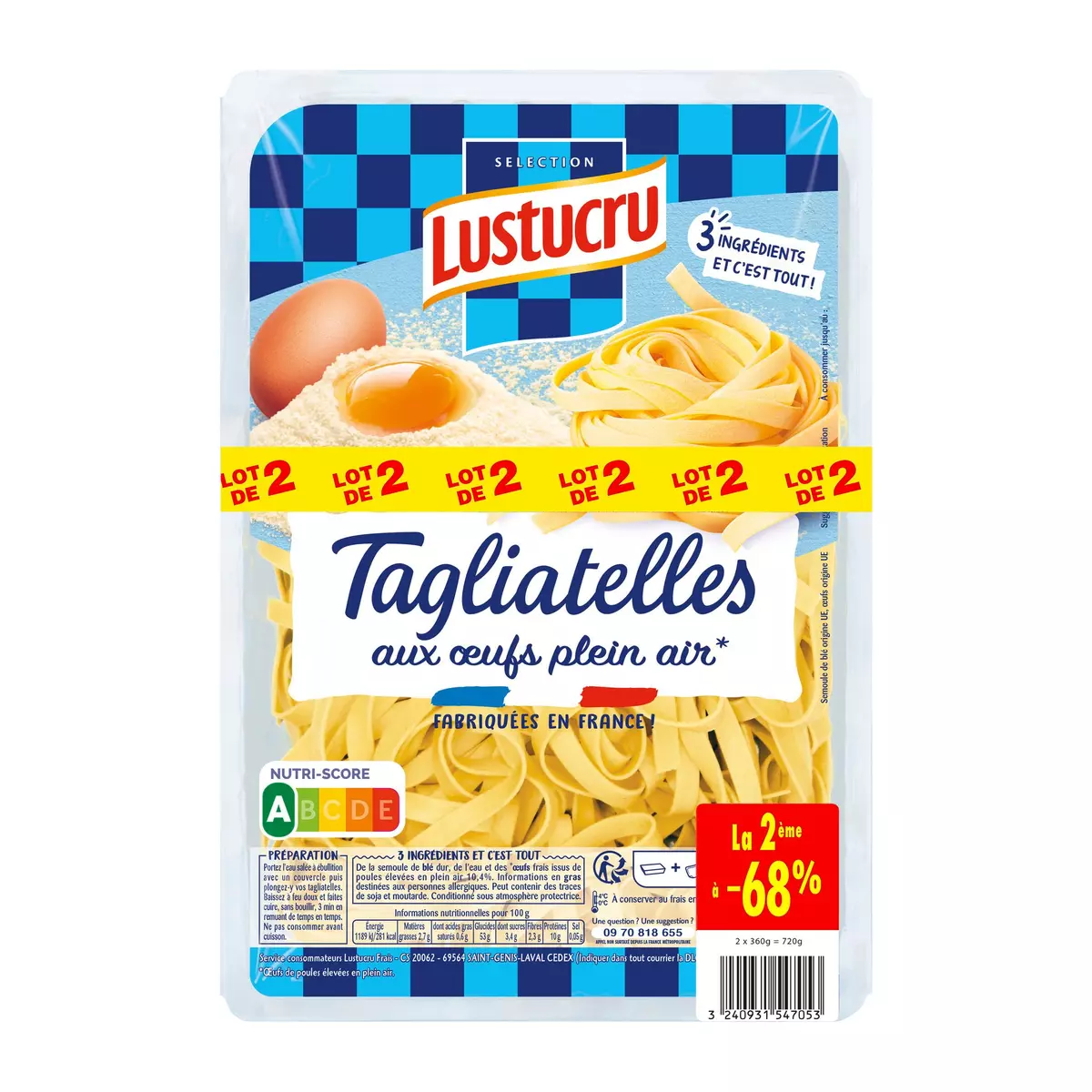LUSTUCRU Tagliatelles aux oeufs frais 2x3 portions 2x360g