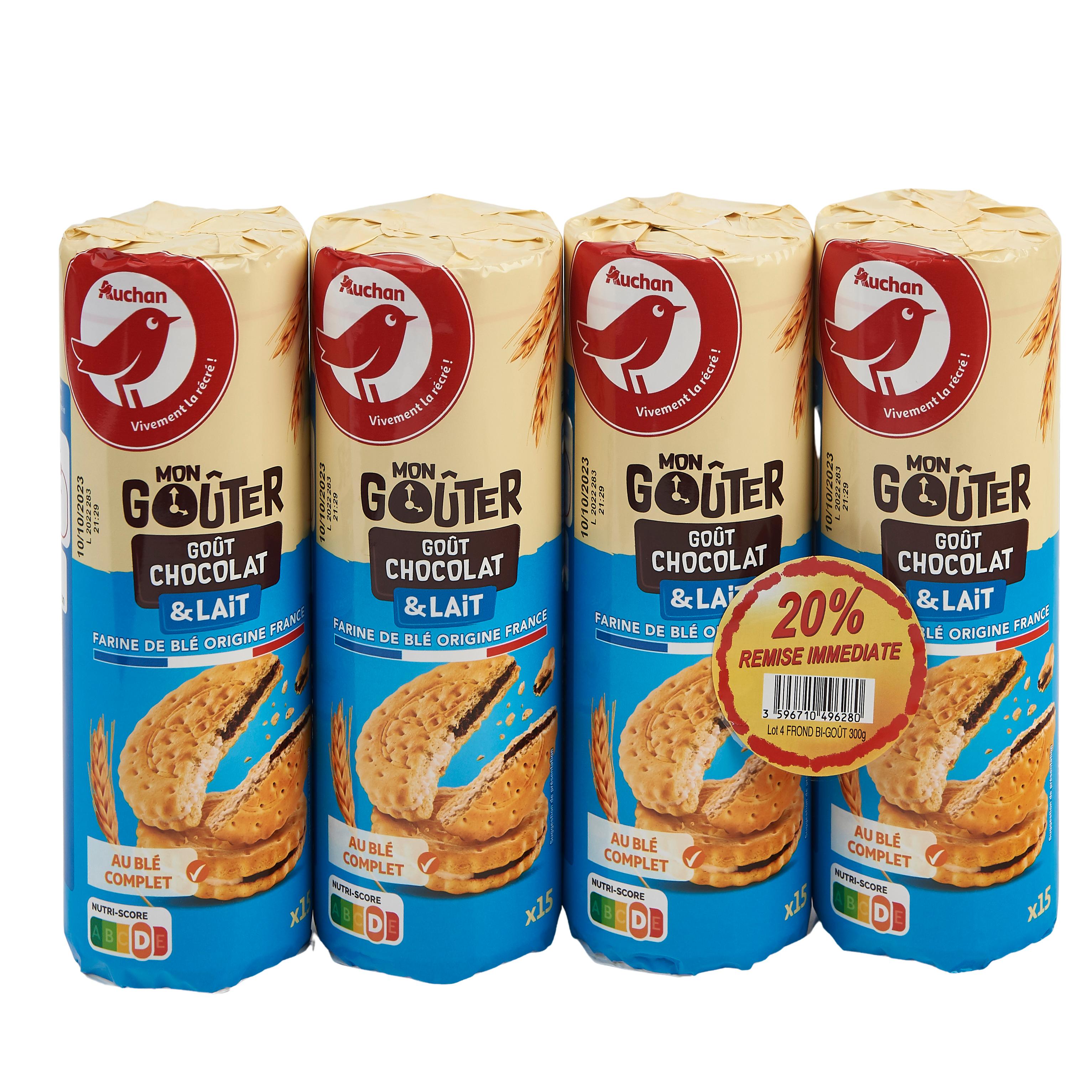 Voir la diapositive 2 : AUCHAN Biscuits fourrés au chocolat et au lait Mon goûter MANQUE INFORMATION INCO 4x300g