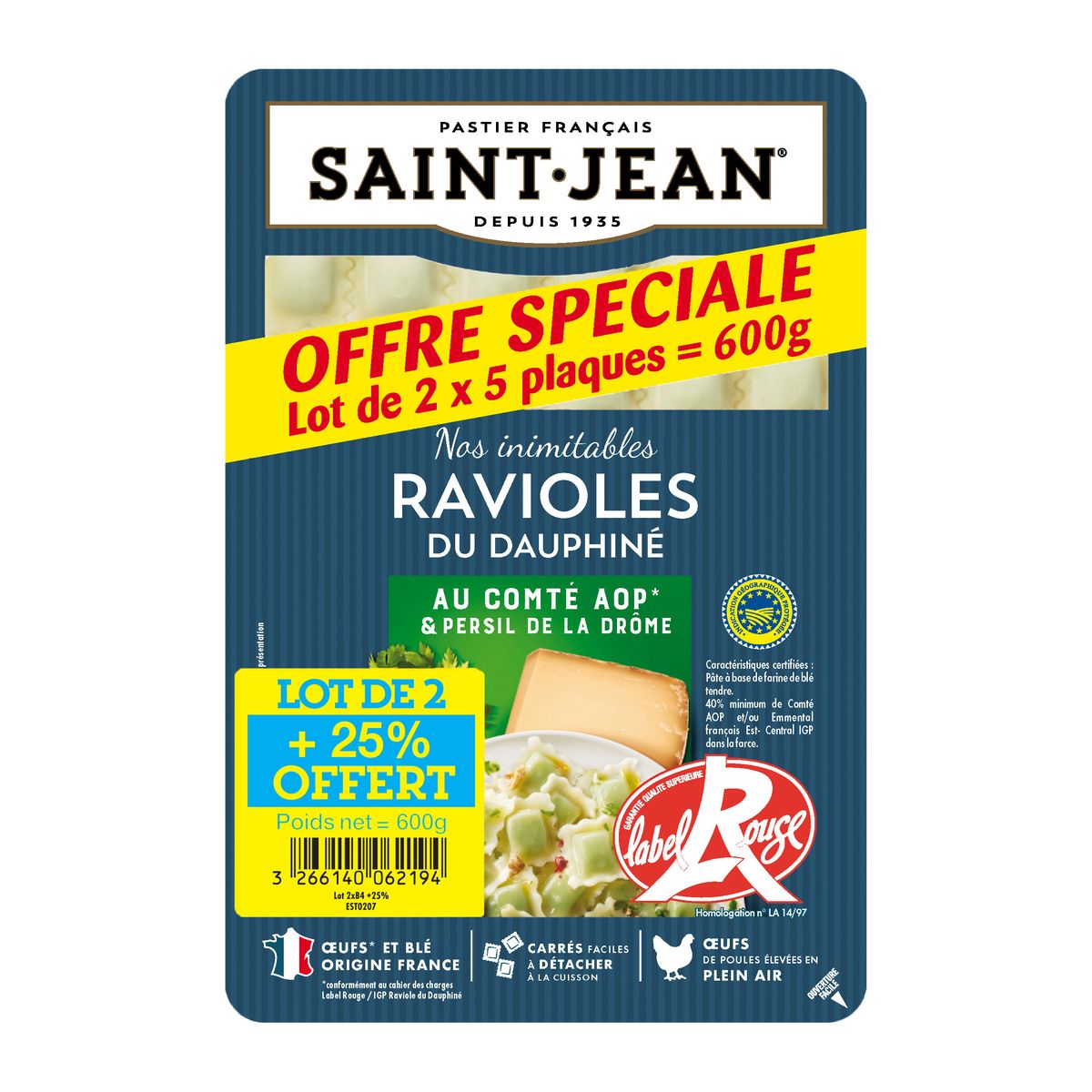 SAINT JEAN Ravioles du Dauphiné label rouge au comté AOP et persil de la Drôme IGP 2x5 plaques 600g