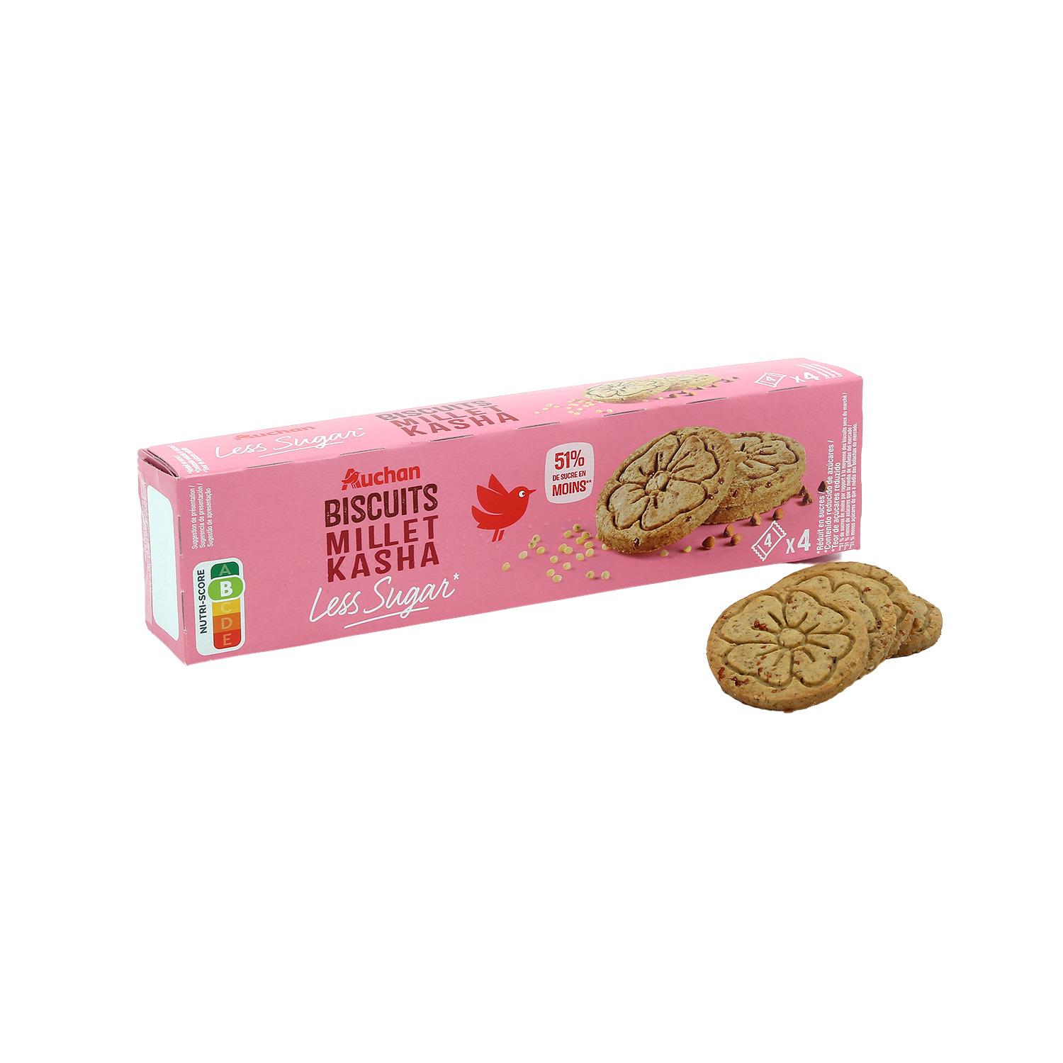 Voir la diapositive 4 : AUCHAN LESS SUGAR Biscuits millet kasha saveur vanille sachets fraîcheur 4x4 biscuits 130g