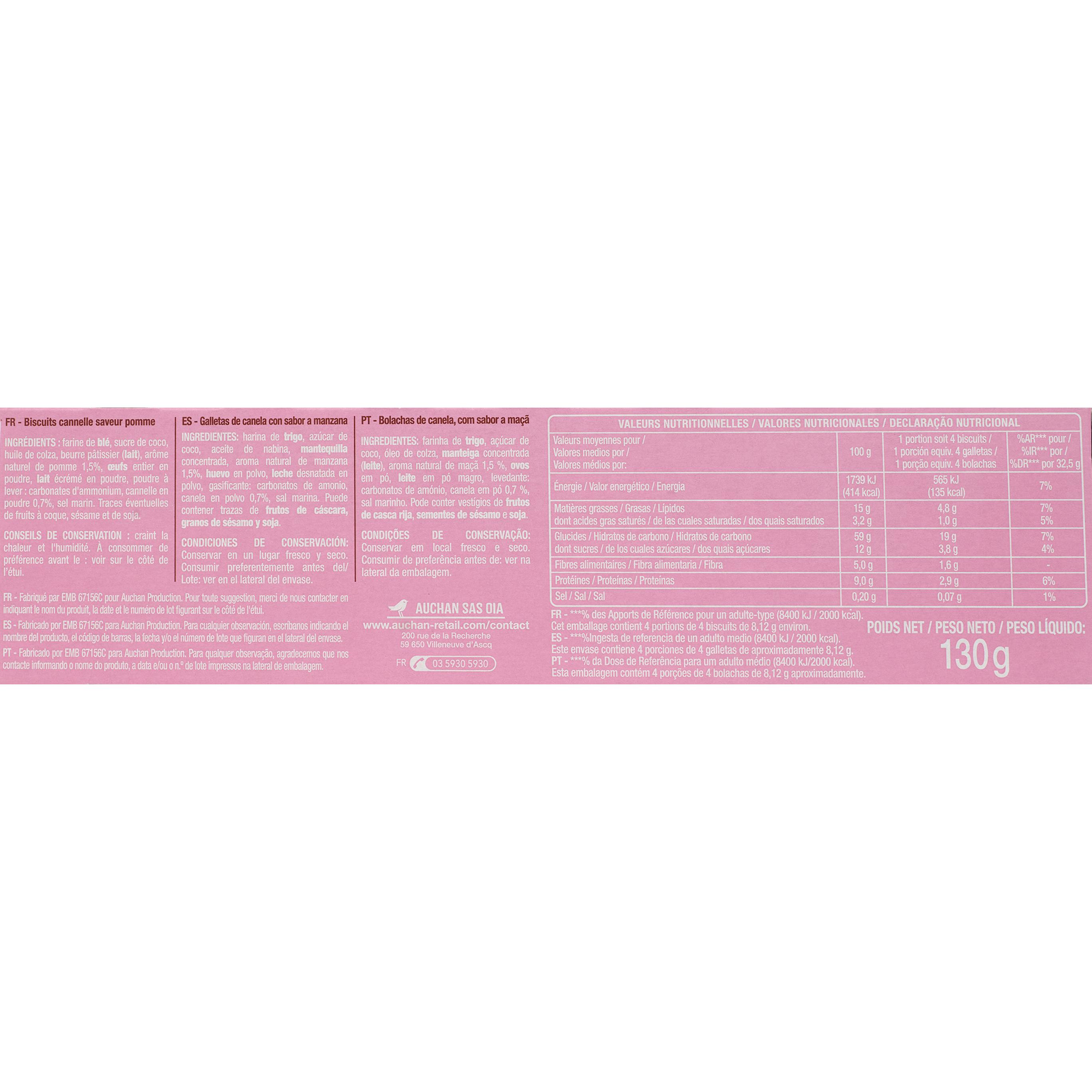 Voir la diapositive 2 : AUCHAN LESS SUGAR Biscuits pomme saveur canelle 4x4 biscuits 130g