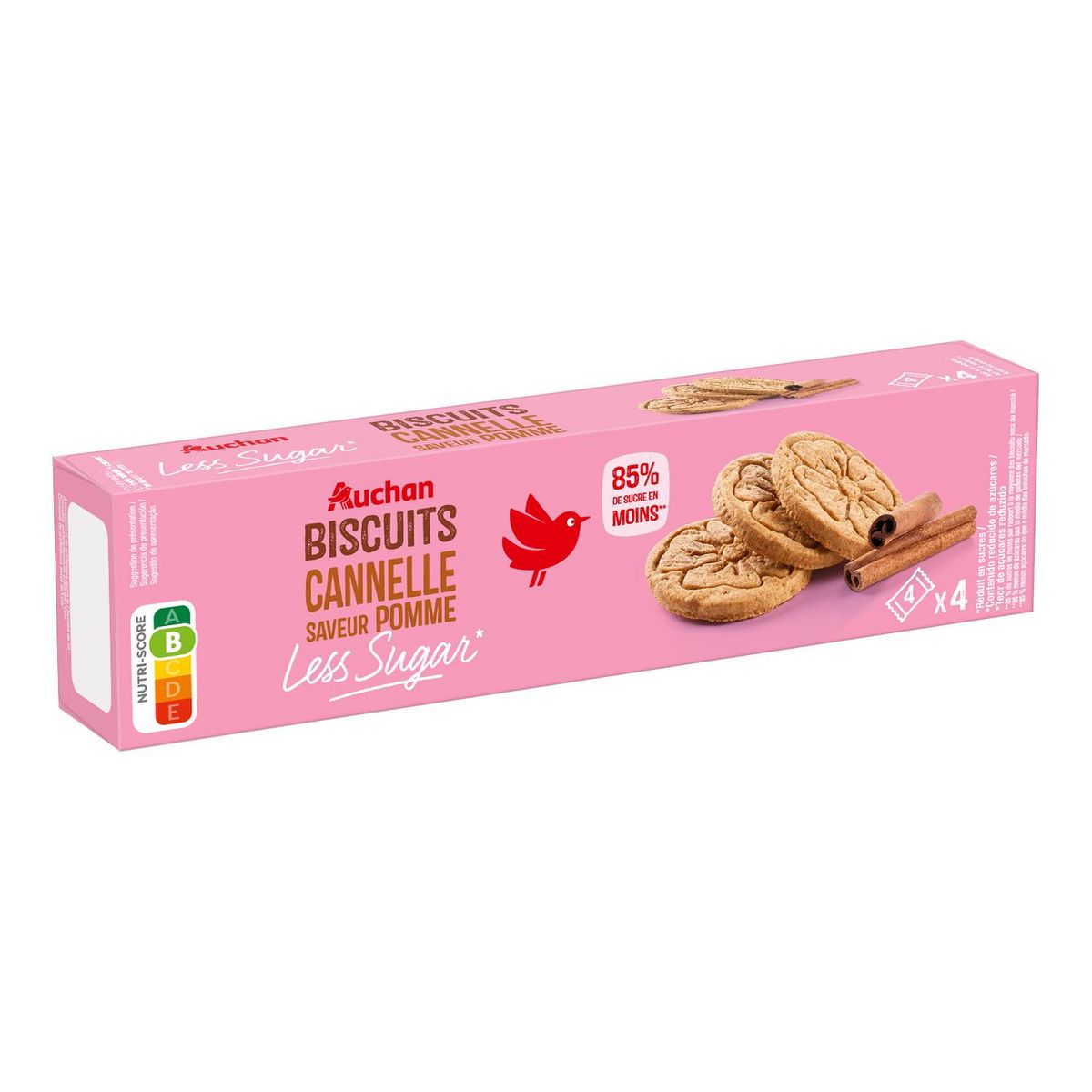AUCHAN LESS SUGAR Biscuits pomme saveur canelle 4x4 biscuits 130g