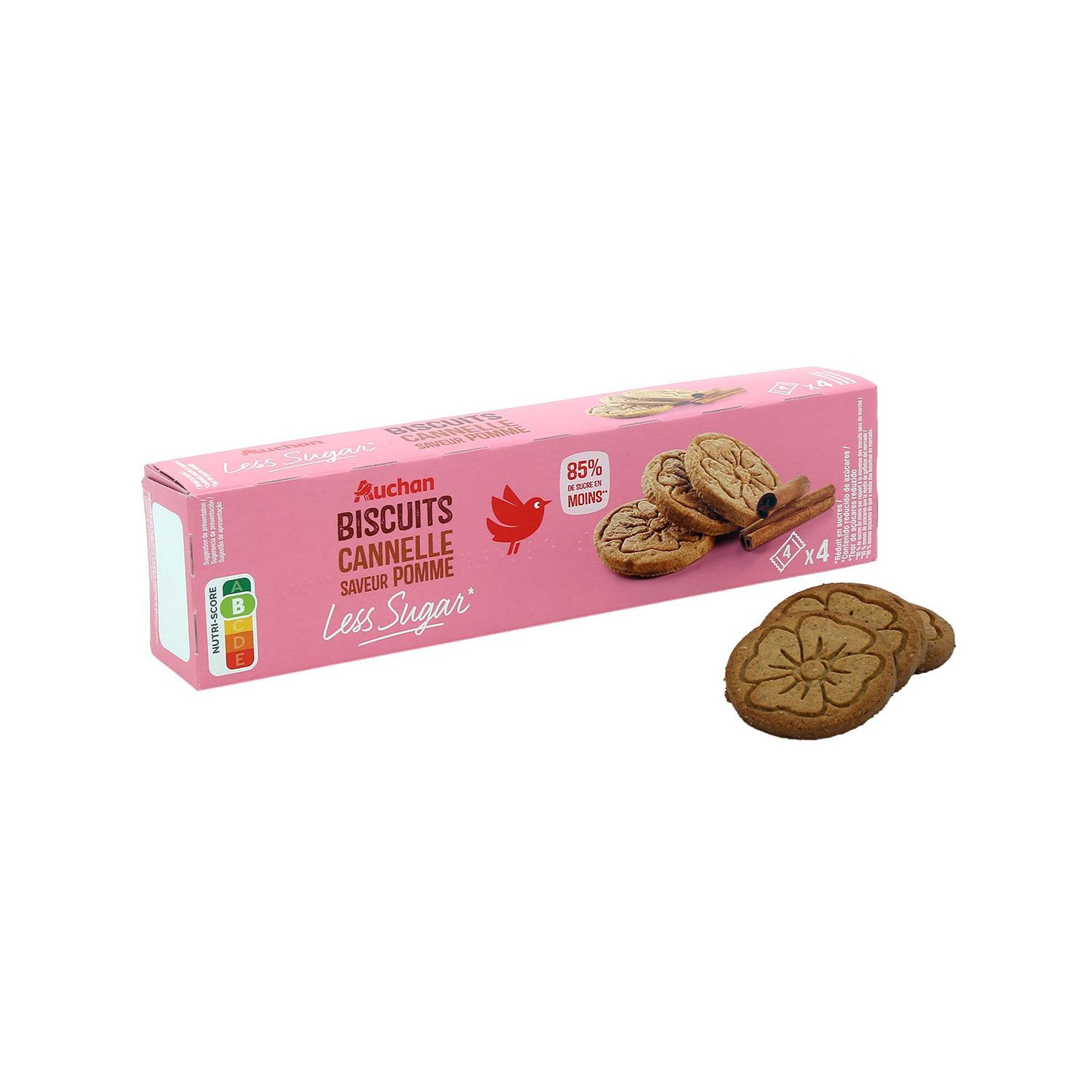 Voir la diapositive 2 : AUCHAN LESS SUGAR Biscuits pomme saveur canelle 4x4 biscuits 130g