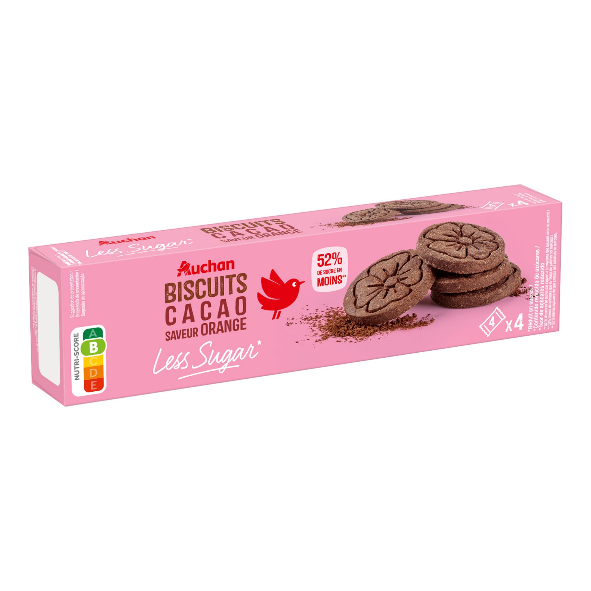 AUCHAN Less Sugar Biscuits Cacao Saveur Orange 4x4 Biscuits 130g Pas ...