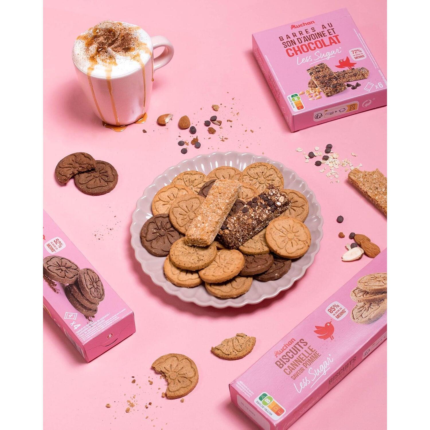 Voir la diapositive 2 : AUCHAN LESS SUGAR Biscuits cacao saveur orange 4x4 biscuits 130g