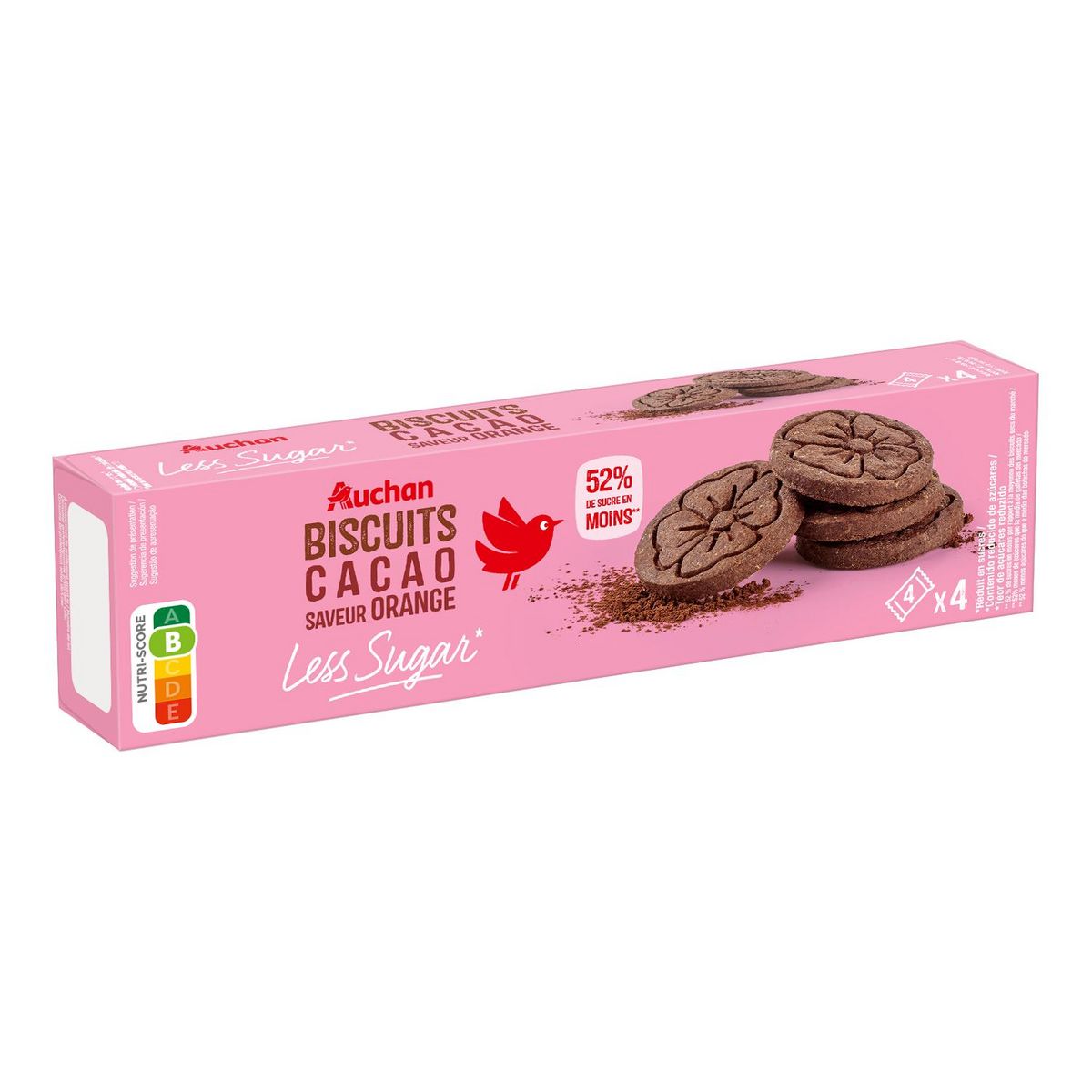 AUCHAN LESS SUGAR Biscuits cacao saveur orange 4x4 biscuits 130g
