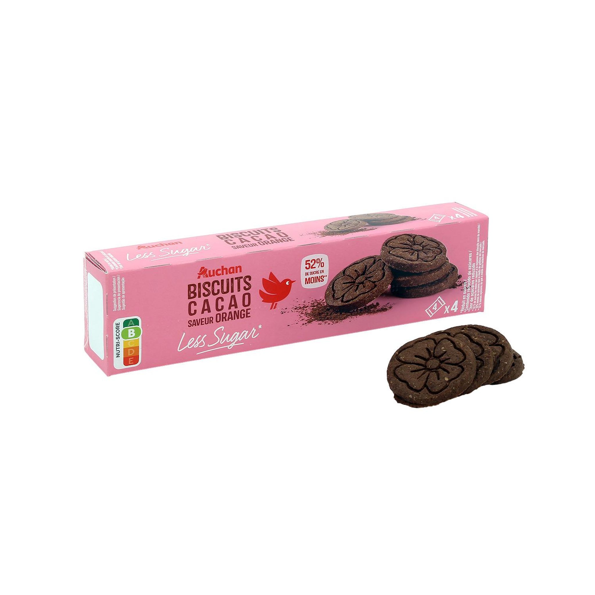 Voir la diapositive 2 : AUCHAN LESS SUGAR Biscuits cacao saveur orange 4x4 biscuits 130g