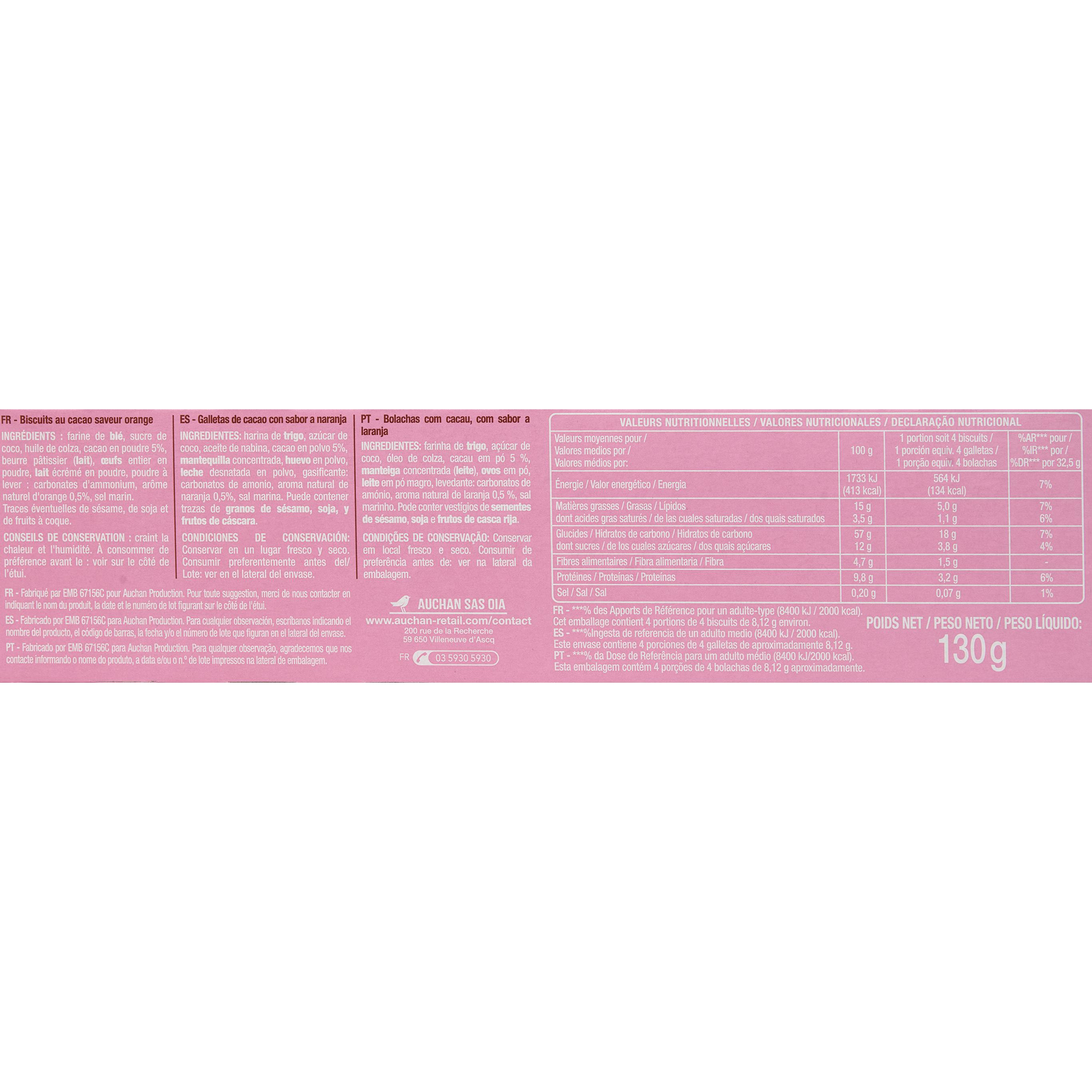 Voir la diapositive 4 : AUCHAN LESS SUGAR Biscuits cacao saveur orange 4x4 biscuits 130g