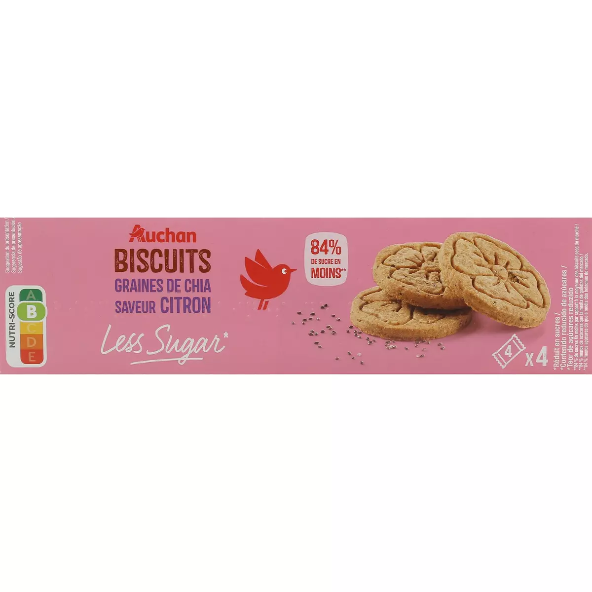 AUCHAN Less Sugar biscuits graines de chia saveur citron 4x4 pièces 130g