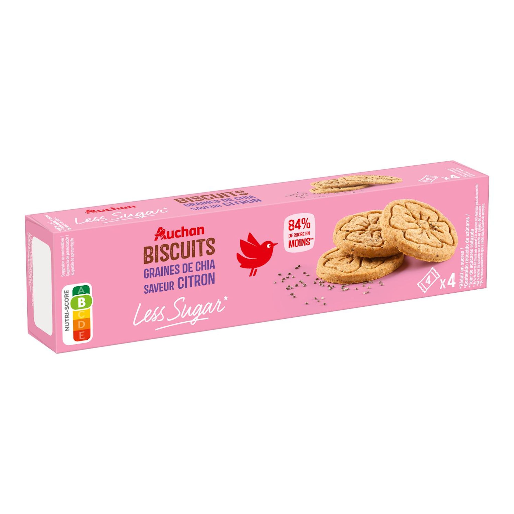 Voir la diapositive 2 : AUCHAN LESS SUGAR Biscuits graines de chia saveur citron sachets fraîcheur 4x4 biscuits 130g